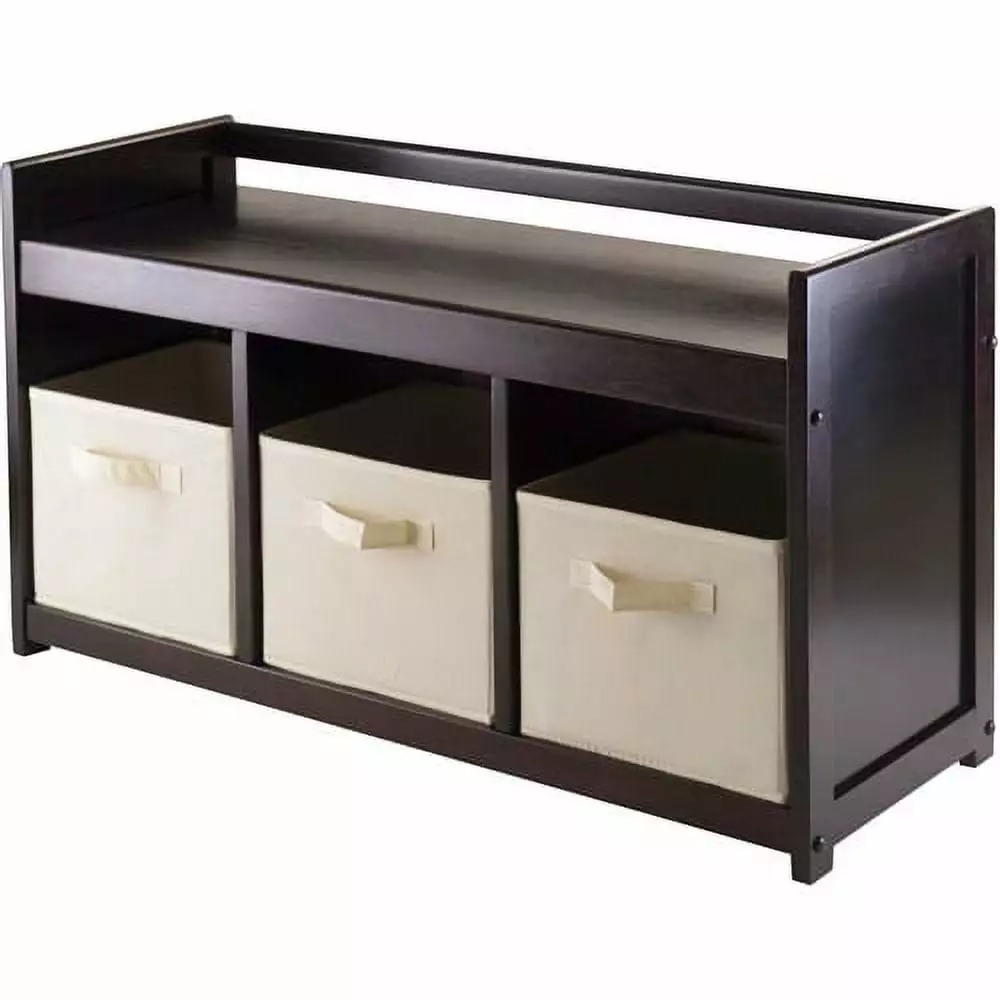 Winsome Wood Addison 4-Pc Set Storage Bench & 3 Foldable Beige Fabric Baskets Espresso Finish - Organized and Stylish Benches