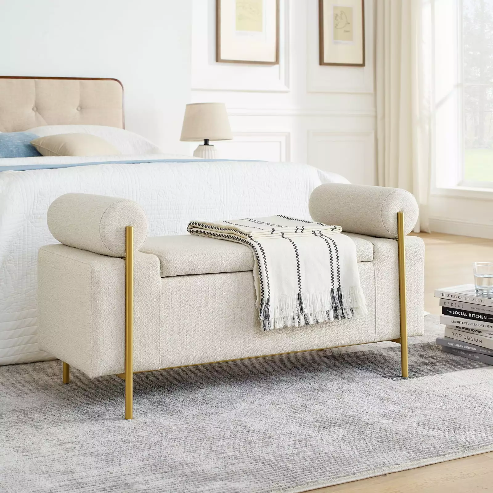 Stylish Linen Upholstered Storage Bench Cylindrical Arms and Iron Legs 44x17x23 Benches Wodine