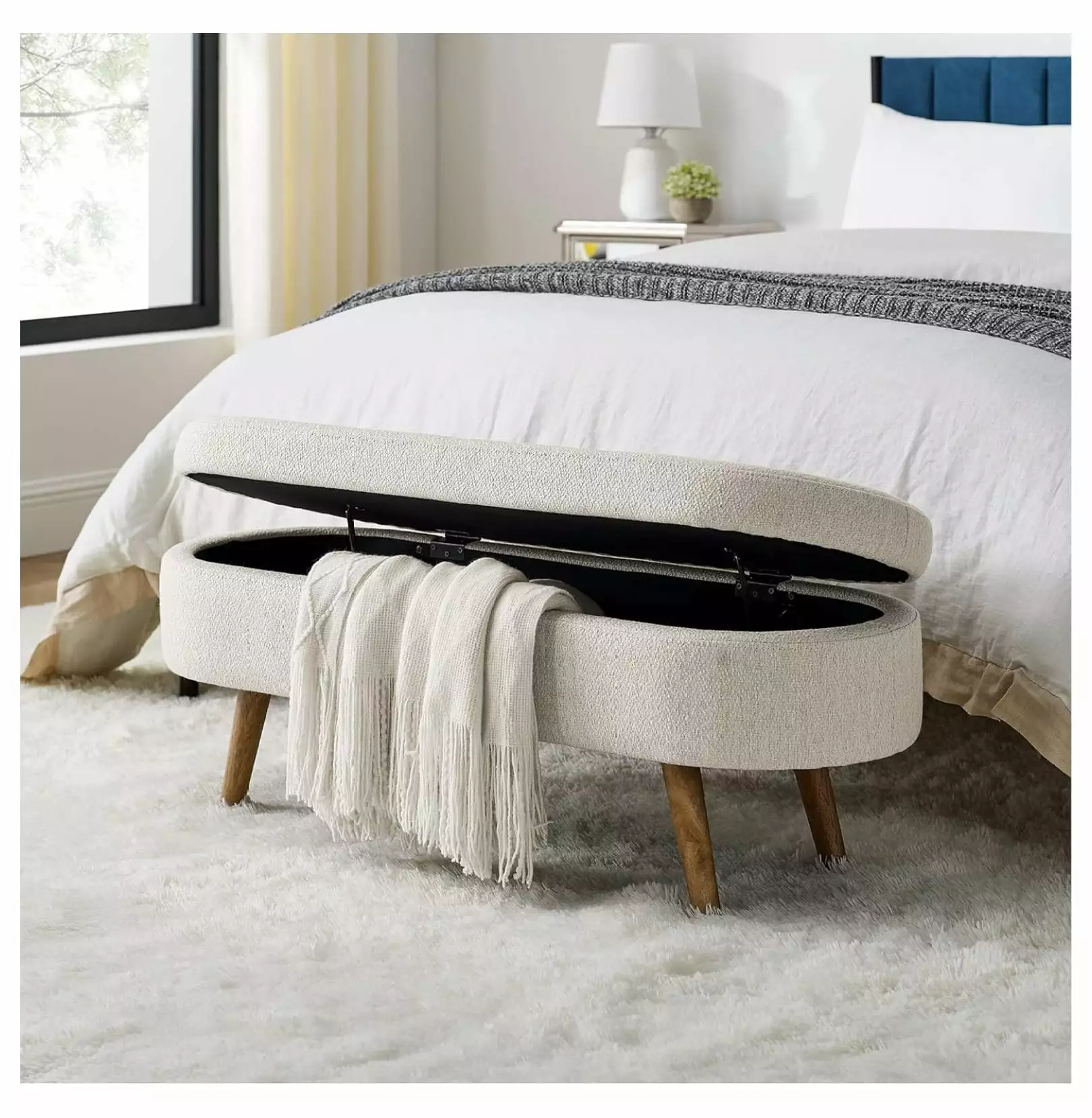 YOSITiuu 43.5 Inch Linen Fabric Upholstered Oval Storage Bench Solid Wood Legs Living Room Bedroom Beige Benches