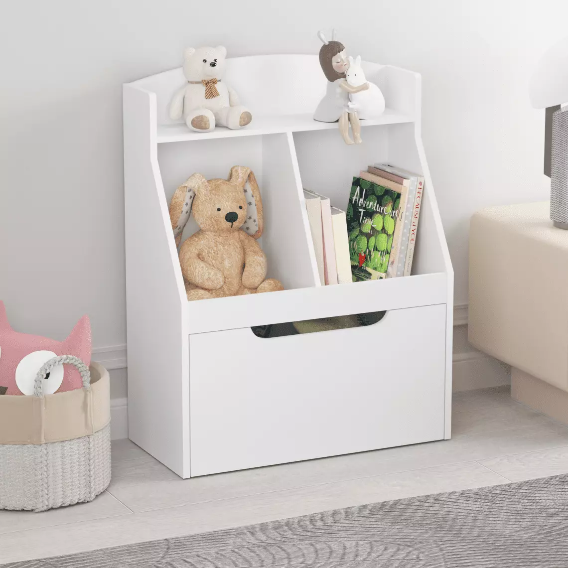 Kids Bookshelf Big Storage Drawer and Wheels Hidden Storage Space Floor Standing White JAMPOOCA