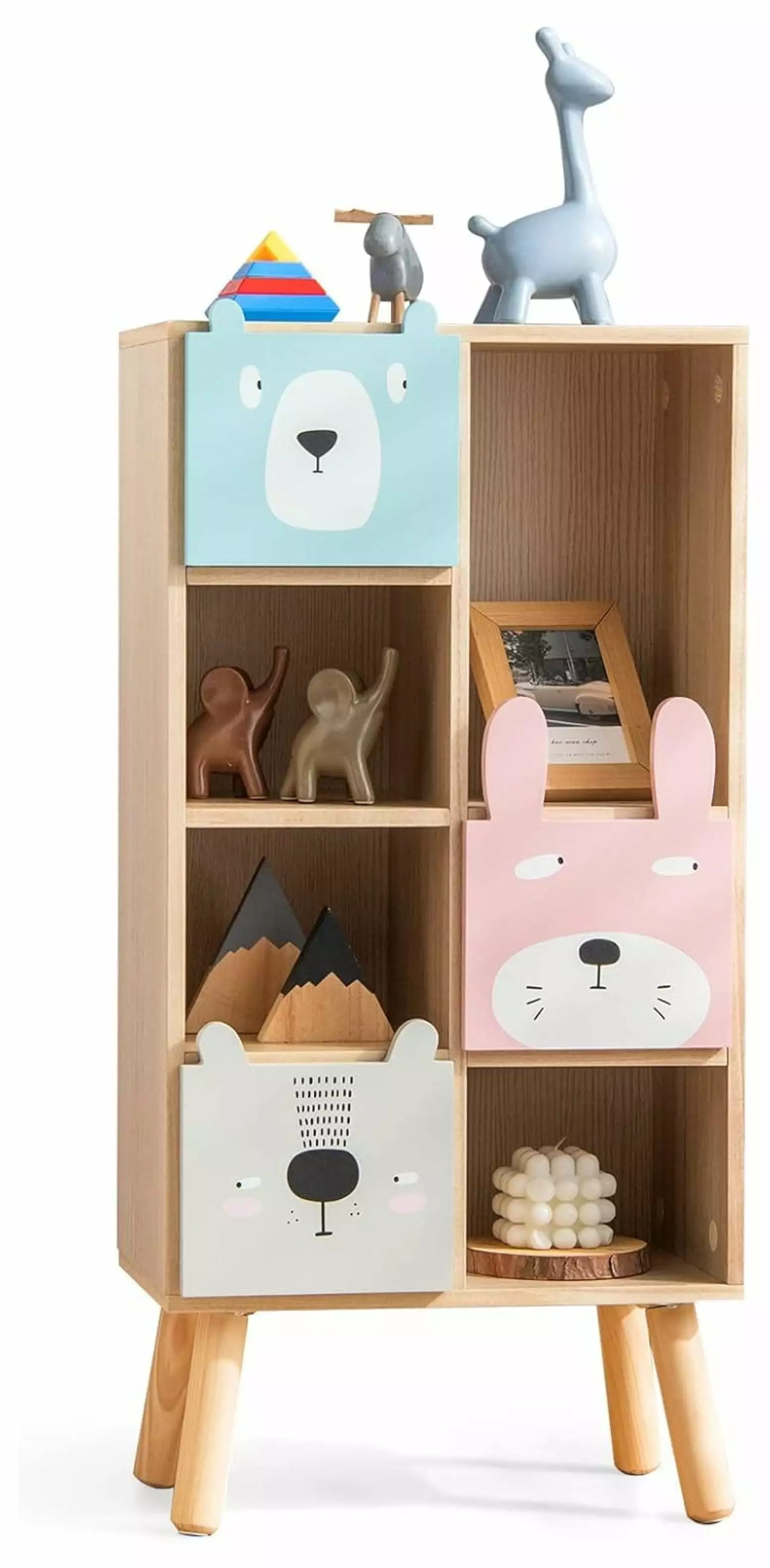 MAQING Kids Bookcase Toy Storage Organizer - Wooden Bookshelf 3 Slide Drawers and 4 Cubes Toddlers Classroom Nursery Playroom