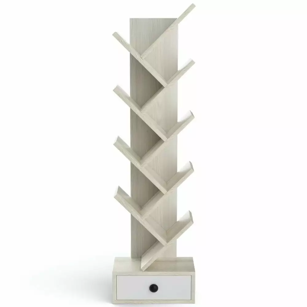 GVN 10-Tier Tree Bookshelf Drawer and Anti-Tipping Kit Beige Storage Shelves Bedroom Living Room Home Office Balcony