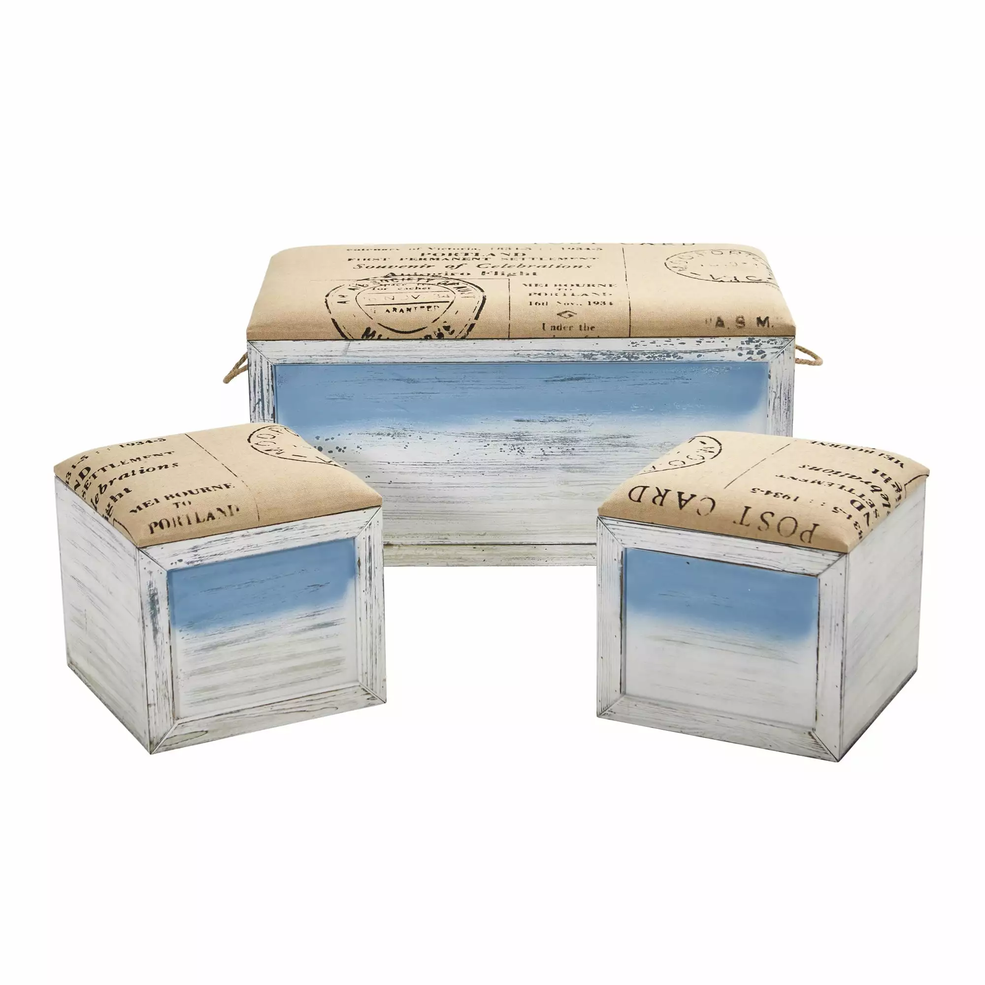 Nearly Natural Cream Blue Wooden Ocean Breeze Storage Boxes Bench and Seating Set 3 Benches