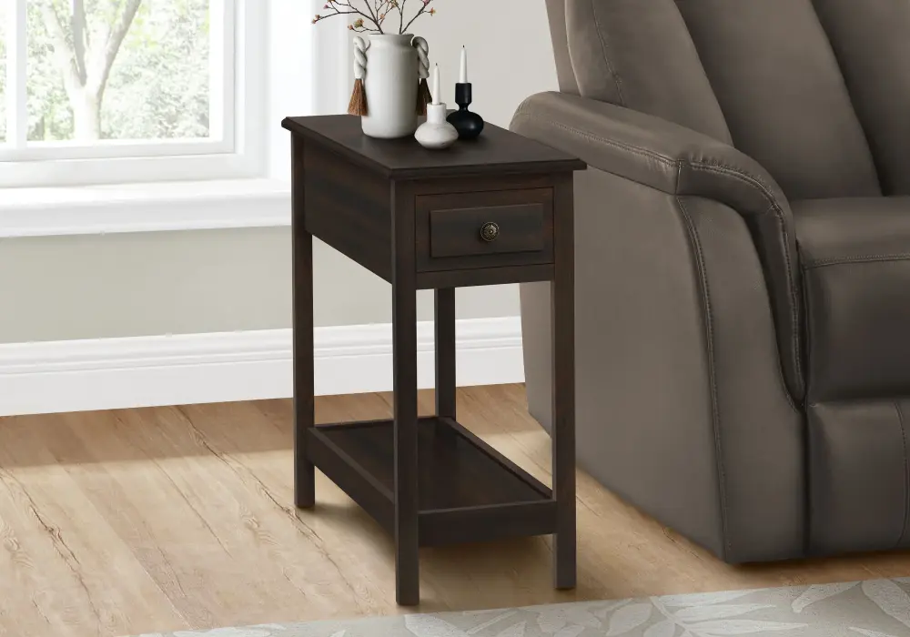 Accent End Table, 2 Tier, Storage Drawer, Transitional - Walnut 36 Inches Wide
