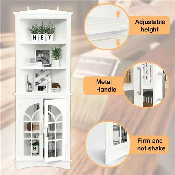 Corner Storage Cabinet 63.3 Tall Freestanding Bookcase Doors Adjustable Shelves 5-Tier Display Cabinet White ApexGlow