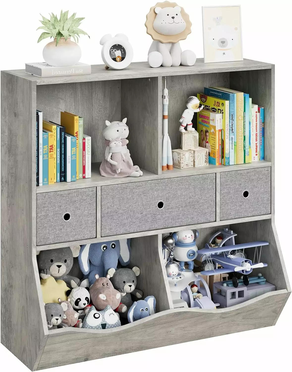 Kids Toy Storage Organizer 3 Movable Drawers 3 Tier Children Bookcase 7 Cubby Cabinet Grey B&B Charcoal