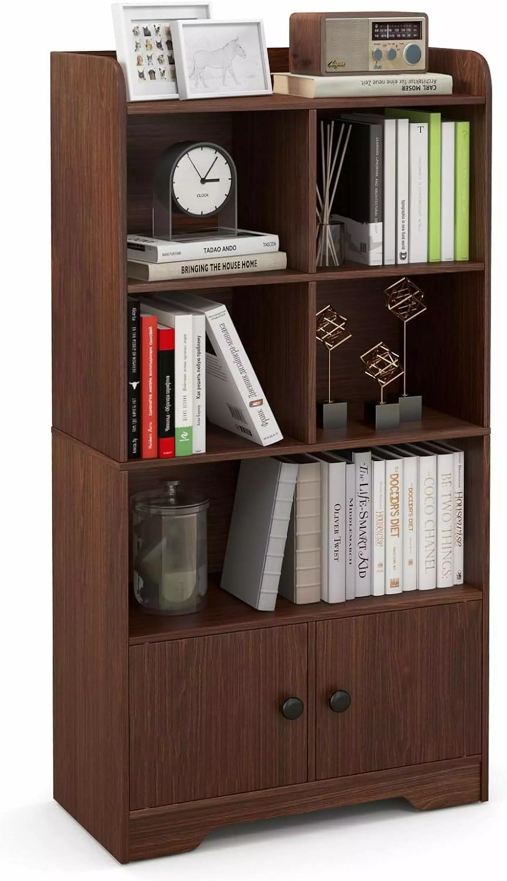 4-Tier Bookcase Doors 47.5 Tall Freestanding Wooden Bookshelf 3 Shelves 4 Cubes Storage Cabinet Organizer byt