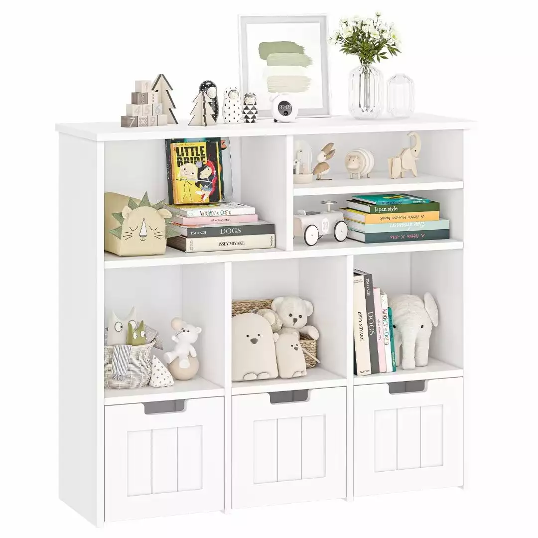 Toy Storage Cabinet 3 Movable Drawers & Hidden Wheels Kids Bookcase Bookshelf Floor Storage Organizer CuisinSmart