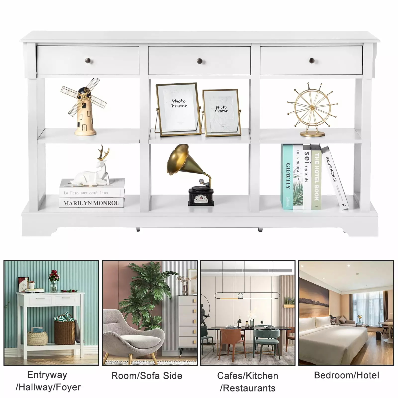 BaytoCare Console Sofa Table 3 Drawers 6 Open Shelves Accent Storage Cabinet Console FCH