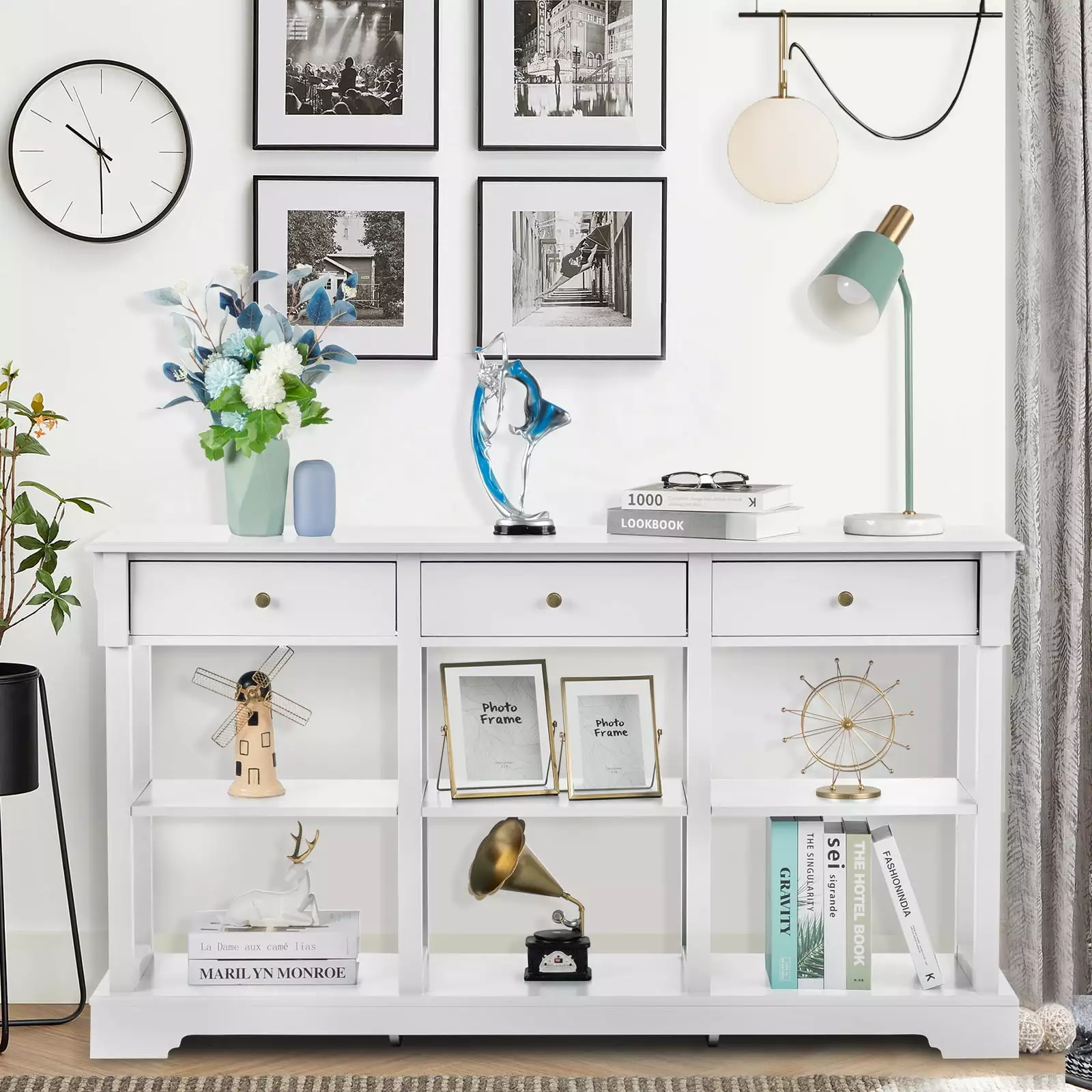 OverPatio Modern Console Sofa Table 3 Drawers 6 Open Shelves Accent Storage Cabinet Console FCH