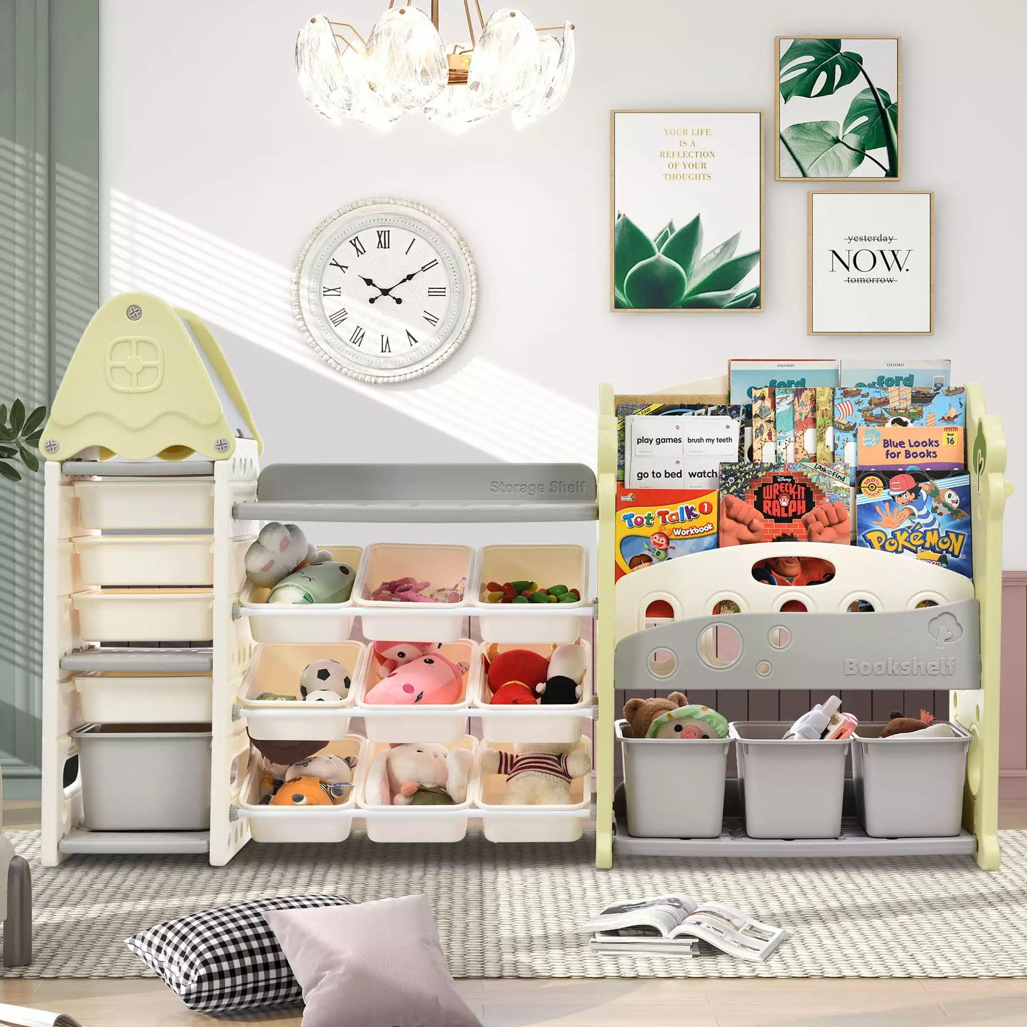 Kids Bookshelf Toy Storage Organizer 17 Bins and 5 Bookshelves Multi-functional Nursery Organizer Furniture Set GUTALOR