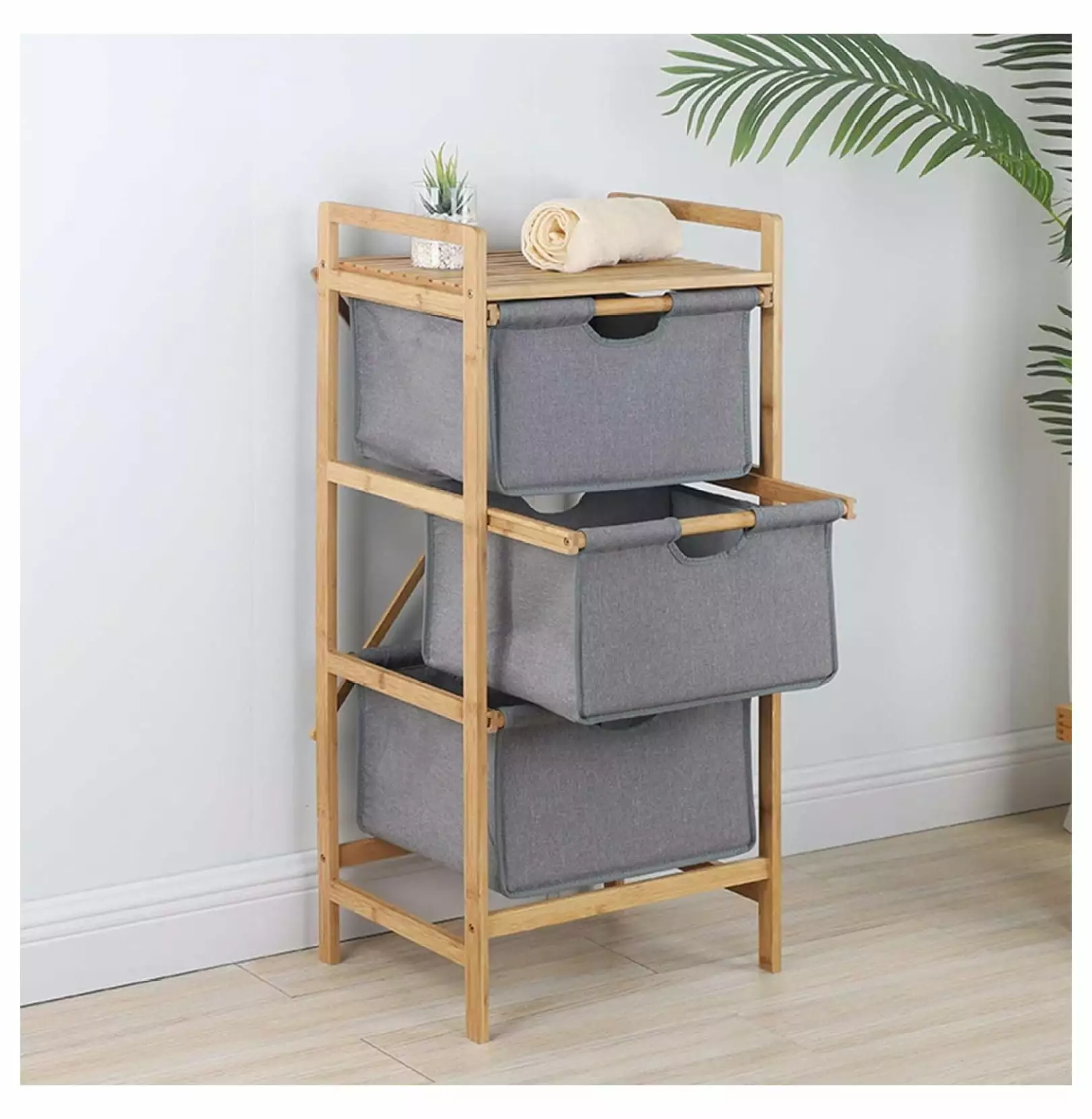 3 Drawer Bamboo Chest Freestanding Bathroom Dresser Fabric Bins KITYDALK