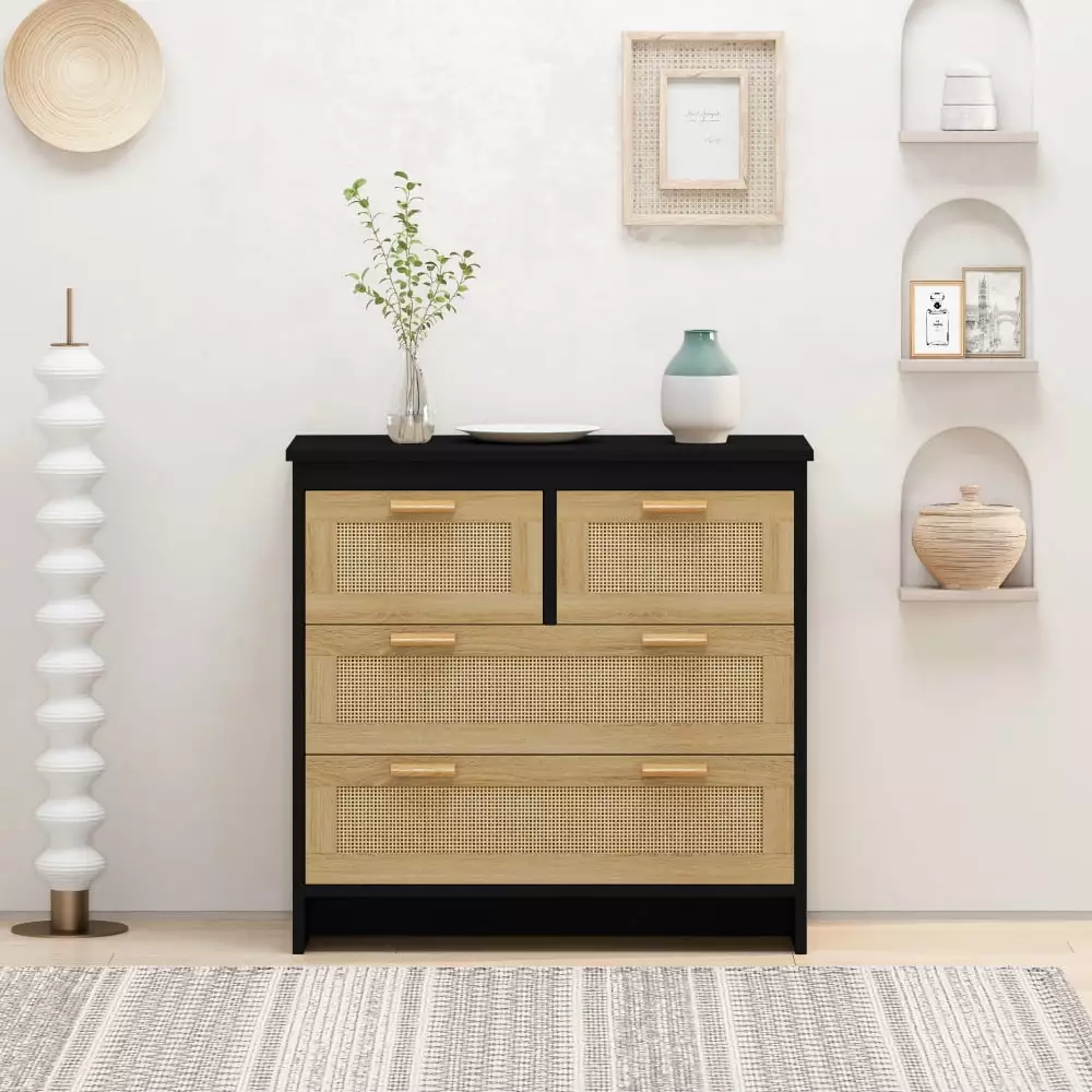 Rattan Storage Cabinet 4 Deep Drawers - Buffet Console Table Console Kojooin