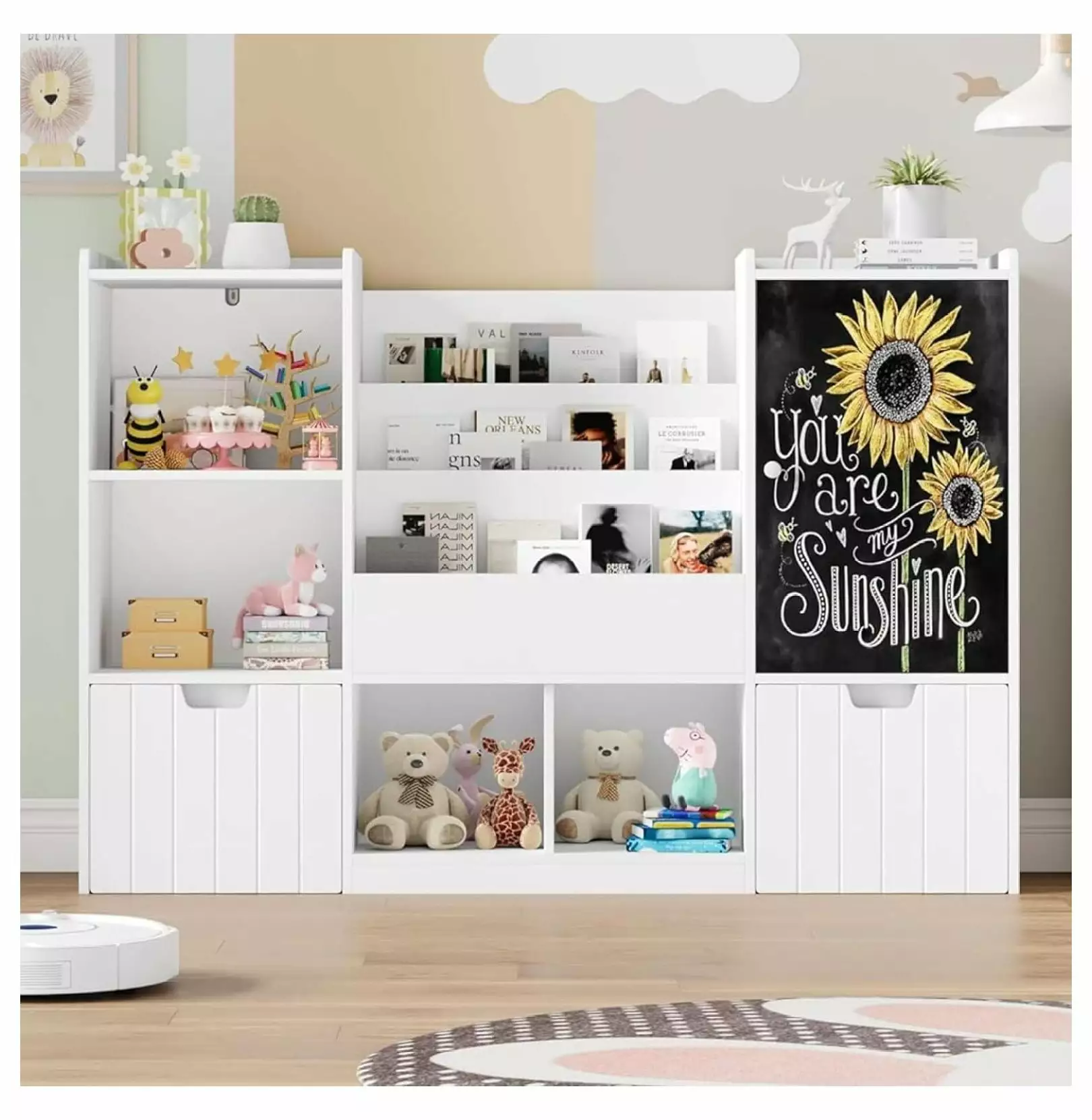LaYelxt Toy Storage Organizer 55.1 Large Toy Organizer and Storage Chalkboard Kids Bookshelf and Bookcase 2 Movable Drawer...