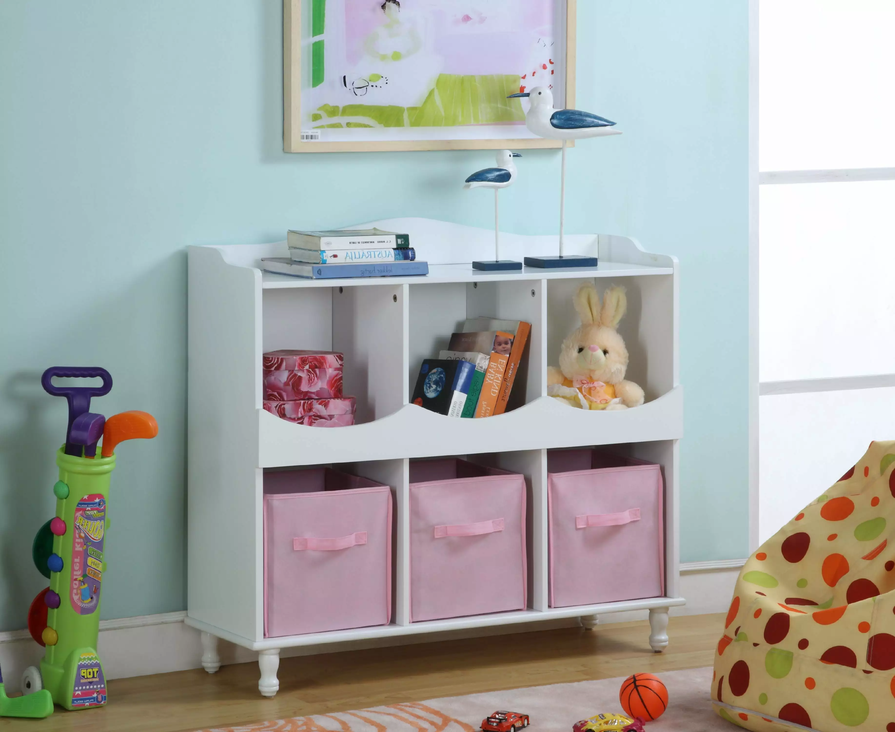 Marie White Pink Wood Kids Storage Cubby Display Cabinet Shelves Fabric Bins Pilaster Designs