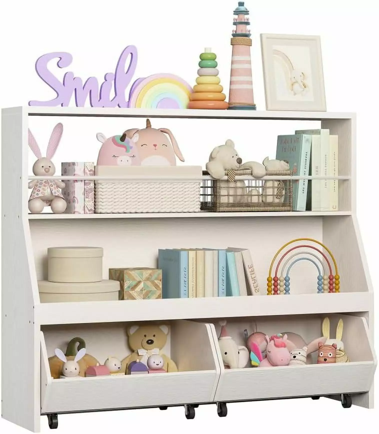 Toy Storage Organizer Kids Bookshelf 2 Movable Cubby Drawers Top Toy Shelf Crossbar Puapli