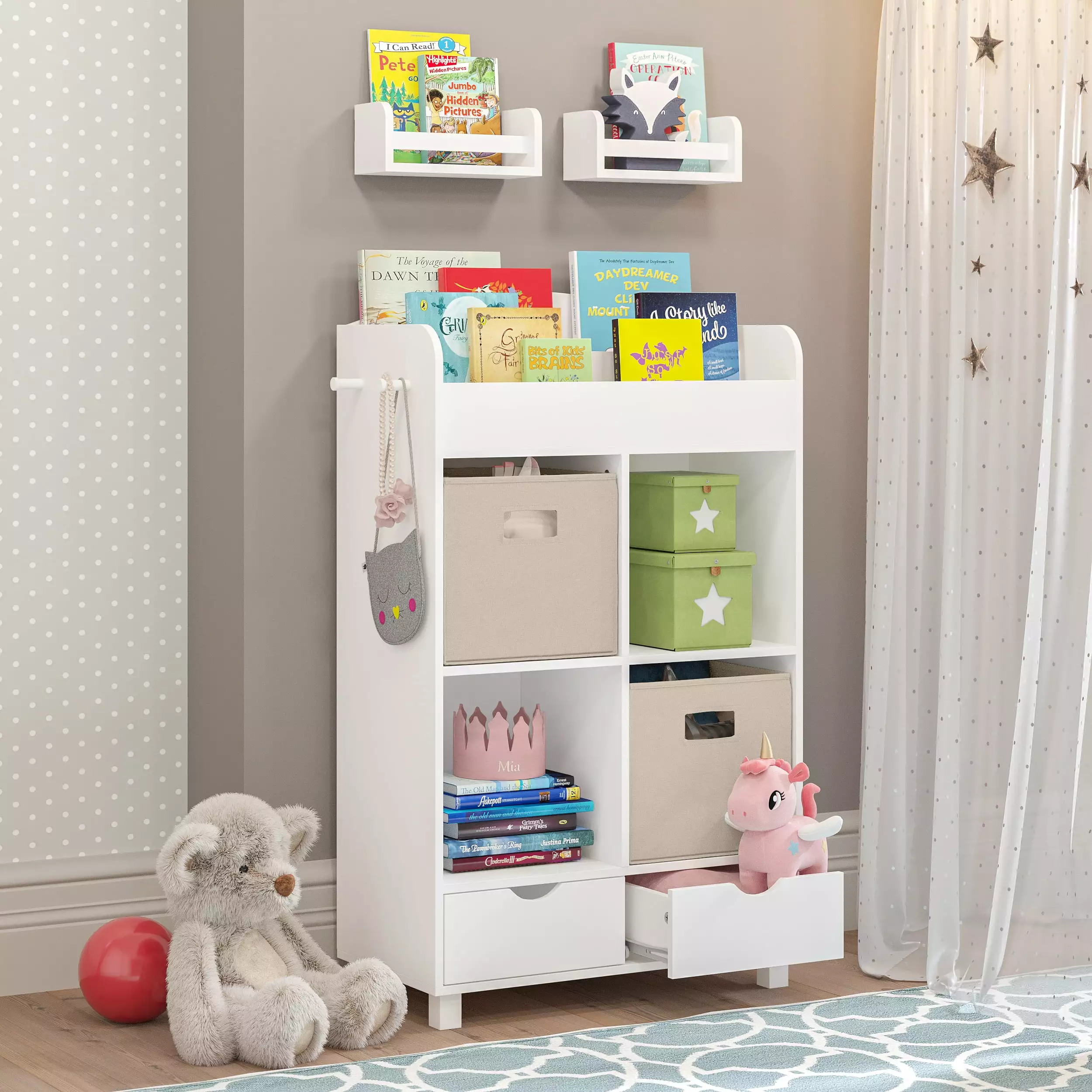 RiverRidge Kids Book Nook Cubby Toy and Art Storage Cabinet Bookshelf Drawers and Hooks
