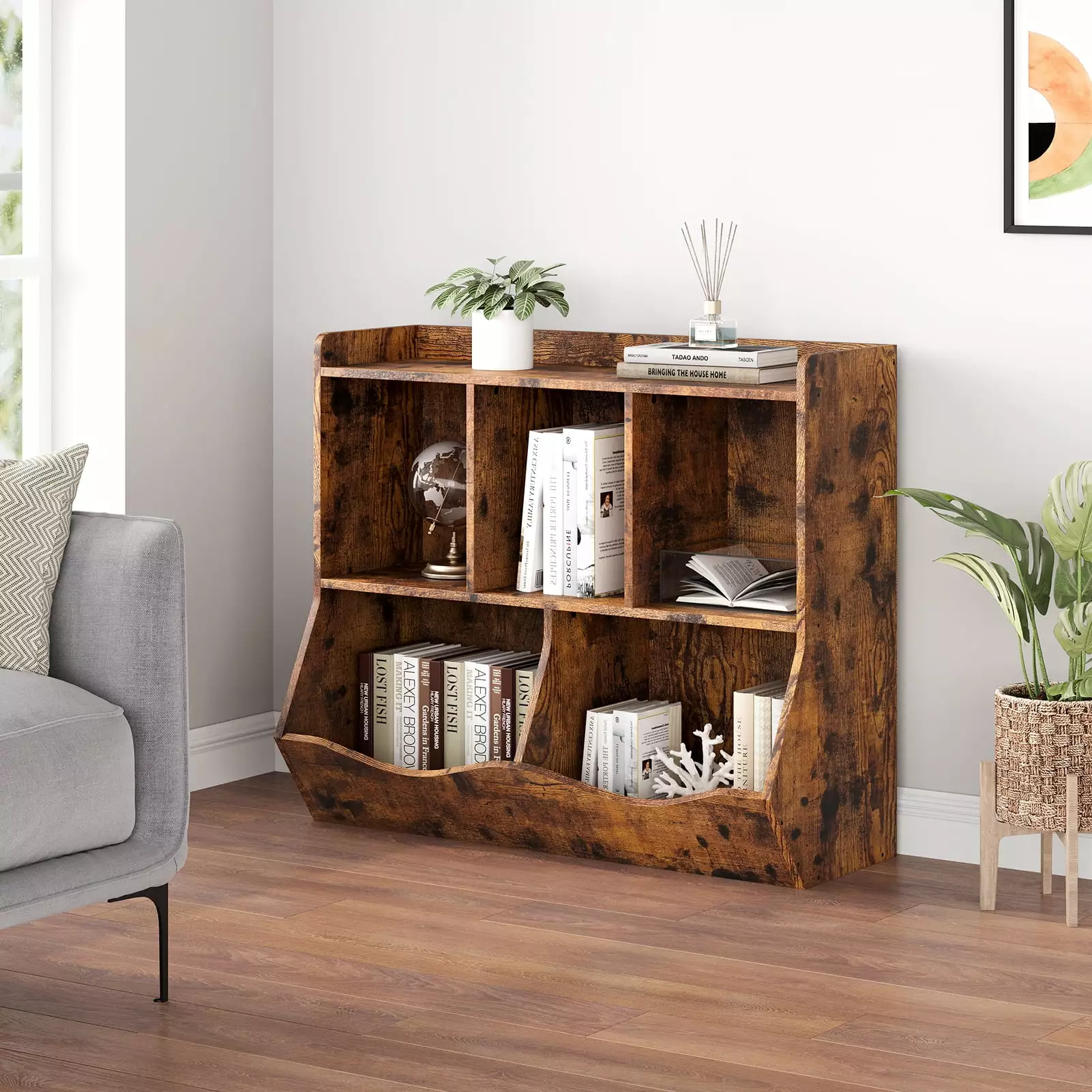 Towallmark Kid's Cubby Toy Storage Cabinet 5 Bins - Brown Bookcase Bedroom