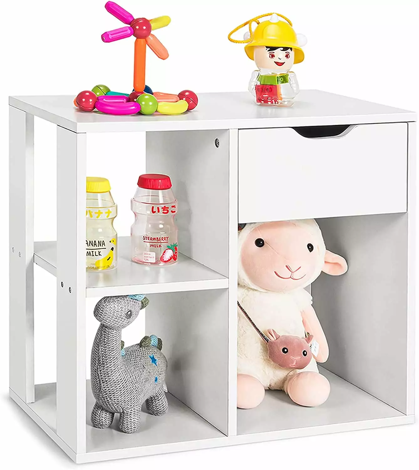 Kids Toy Storage Organizer White 21 H Wooden Floor Storage Cabinet 3 Cubes and 1 Drawer WRP