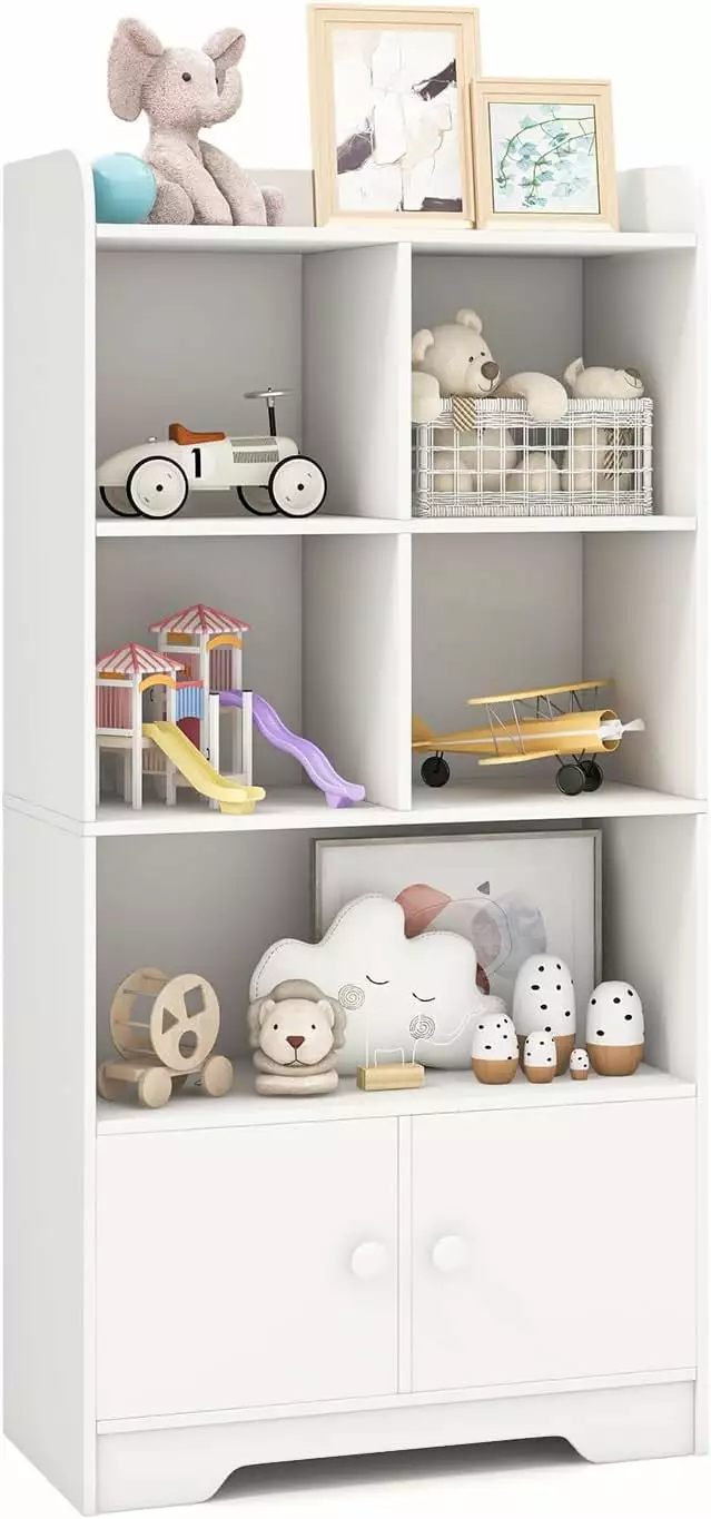 Kids Toy Storage Cabinet - 43.5 Tall Bookcase 5 Open Compartments & 2 Doors YoJoFHM