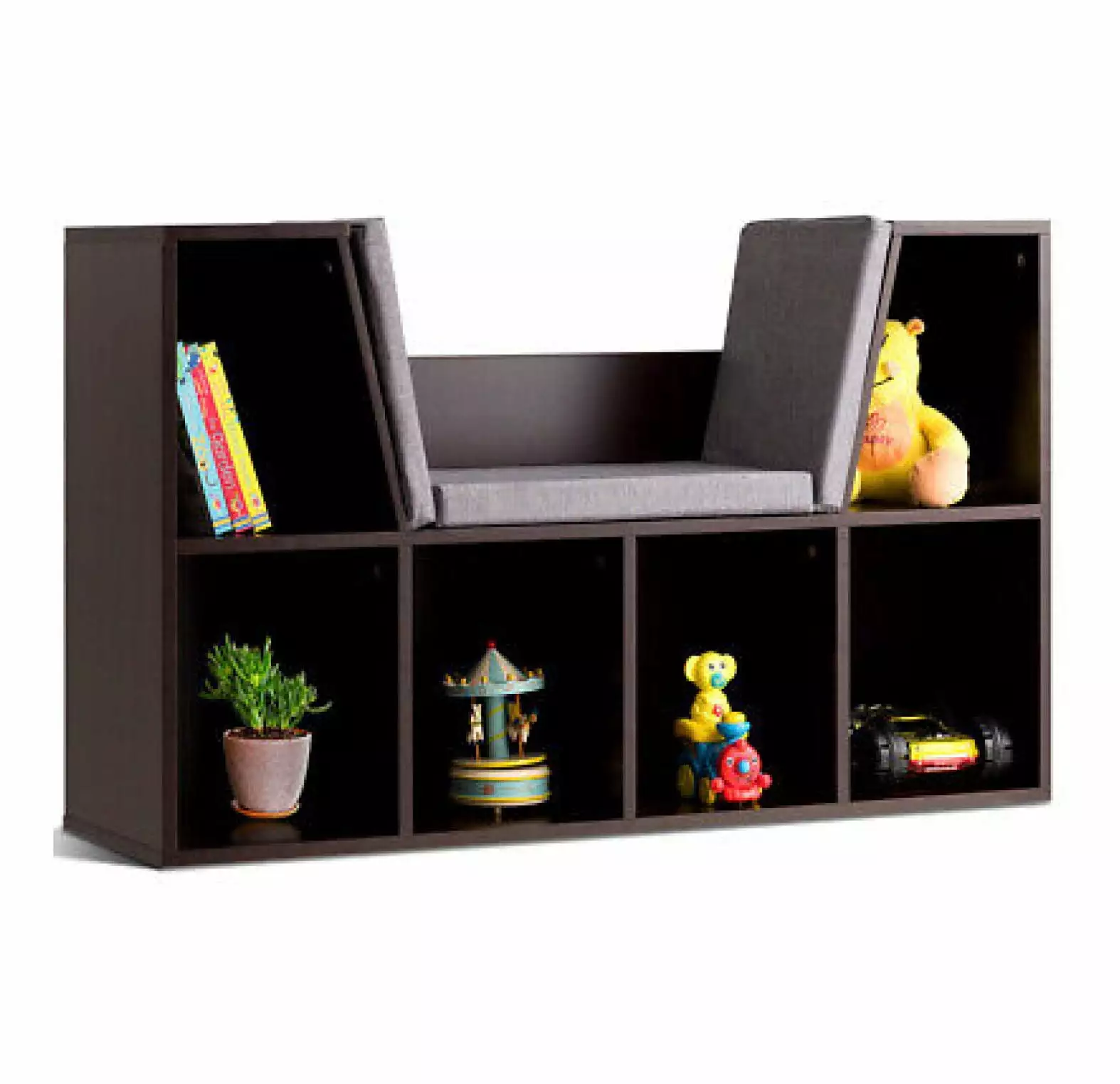 Yunhouse 6 Cubby Kid Storage Cabinet Cushioned Bookcase Multi-Purpose Reading Shelf Brown
