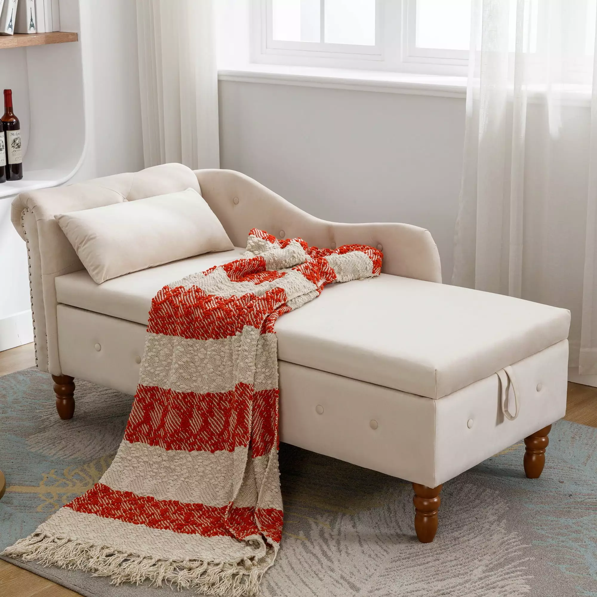 Beige Velvet Chaise Lounge Indoor Storage & Pillow - Modern Upholstered Rolled Arm Lounge Chair Bedroom Living Room Office...