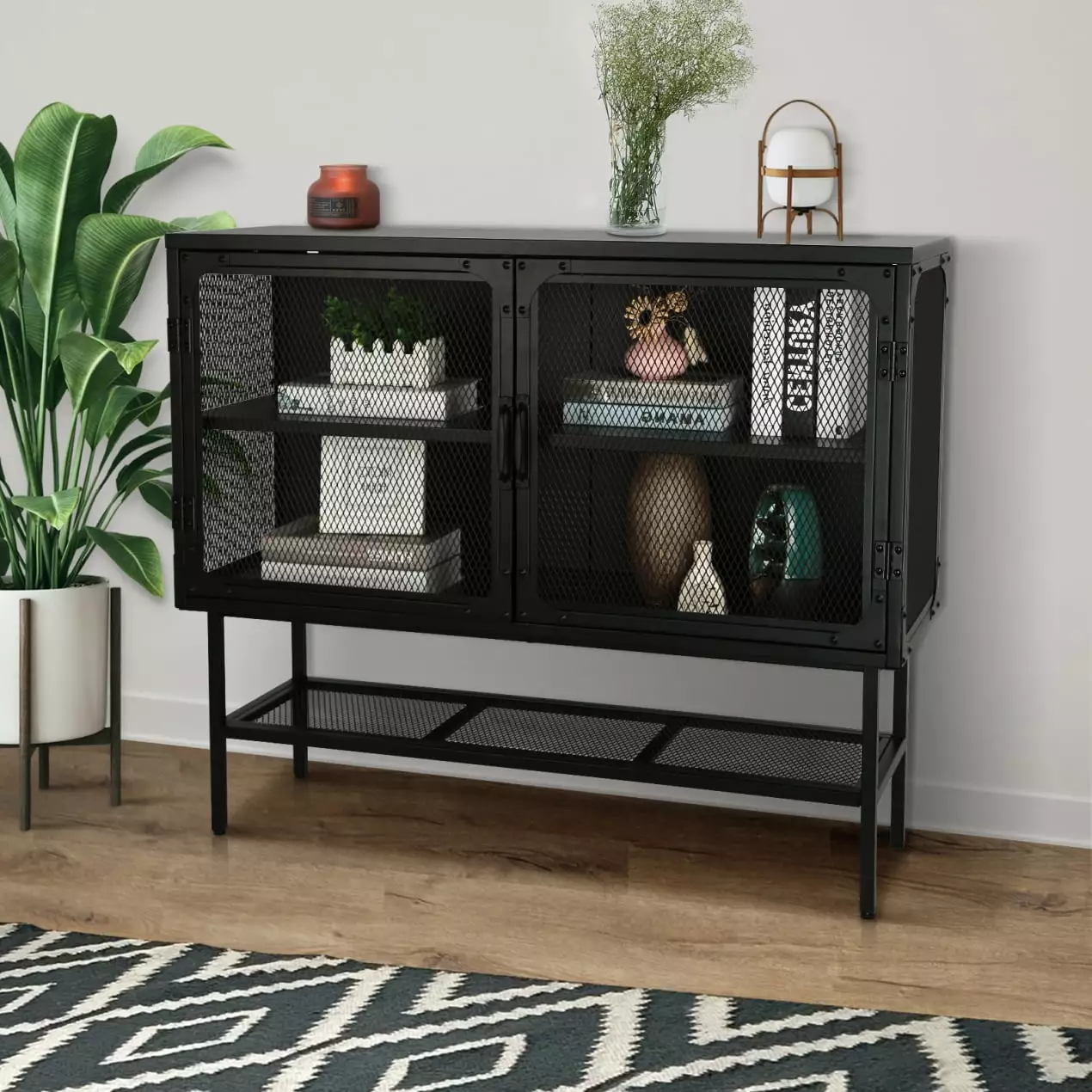Modern Black Cabinet Console Table 2 Mesh Doors Adjustable Shelf Anti-Tip Feet Console ARCTICSCORPION