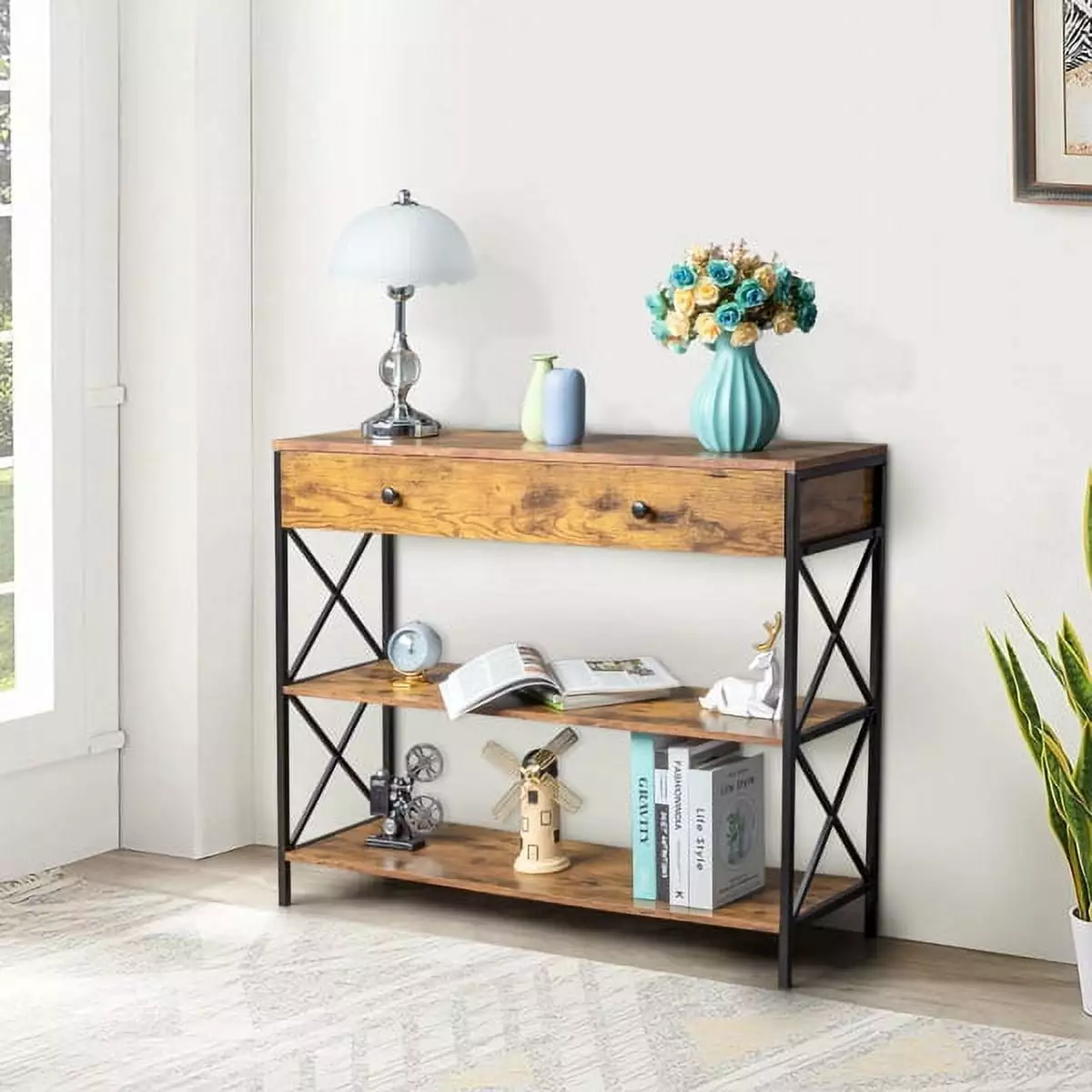 Bornmio 3-Tier Industrial Console Table Drawer and X Design - Entryway Storage Table Console