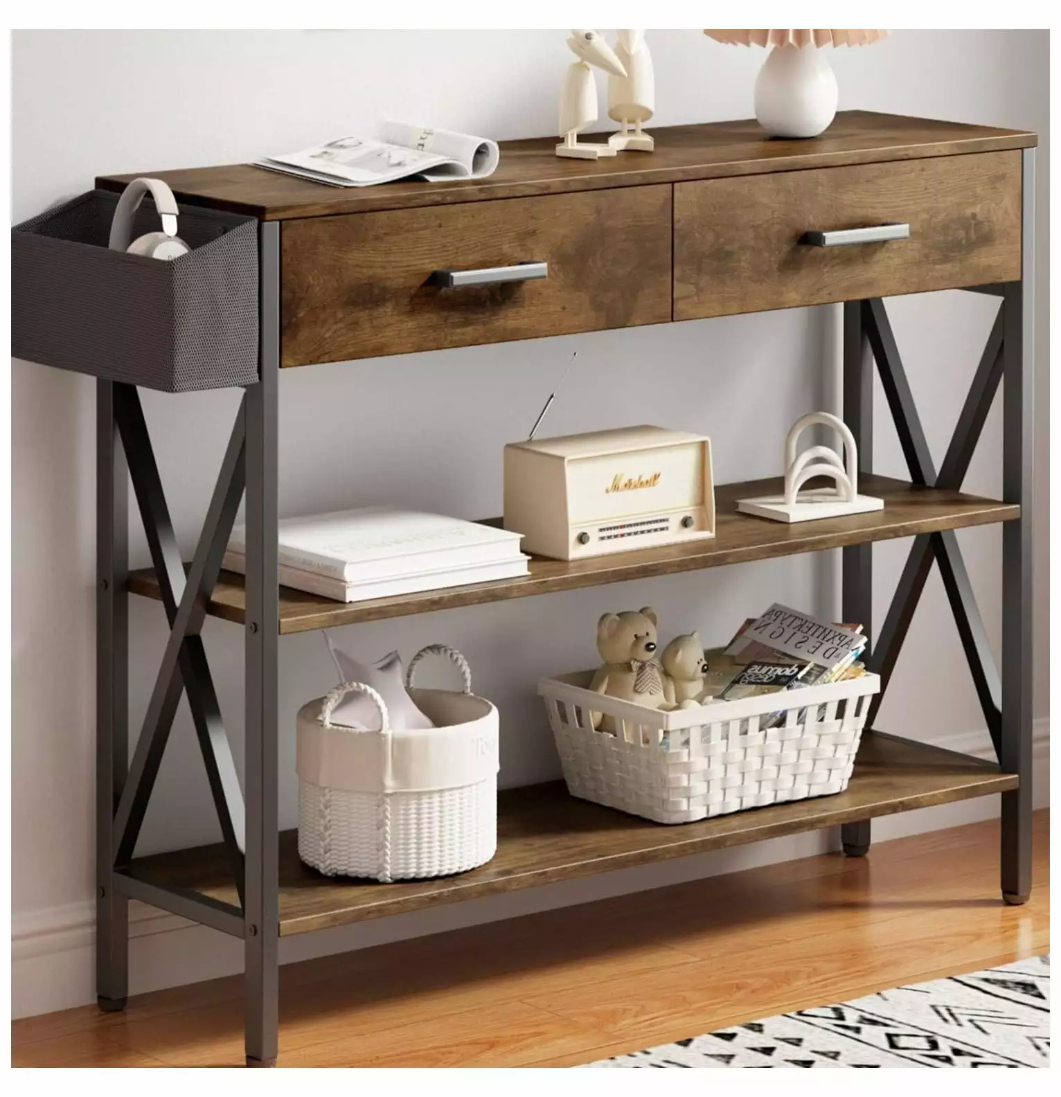 CodYinFI 39 Inch Industrial Console Table 2 Drawers and 3 Tier Storage Shelves Rustic Brown Console