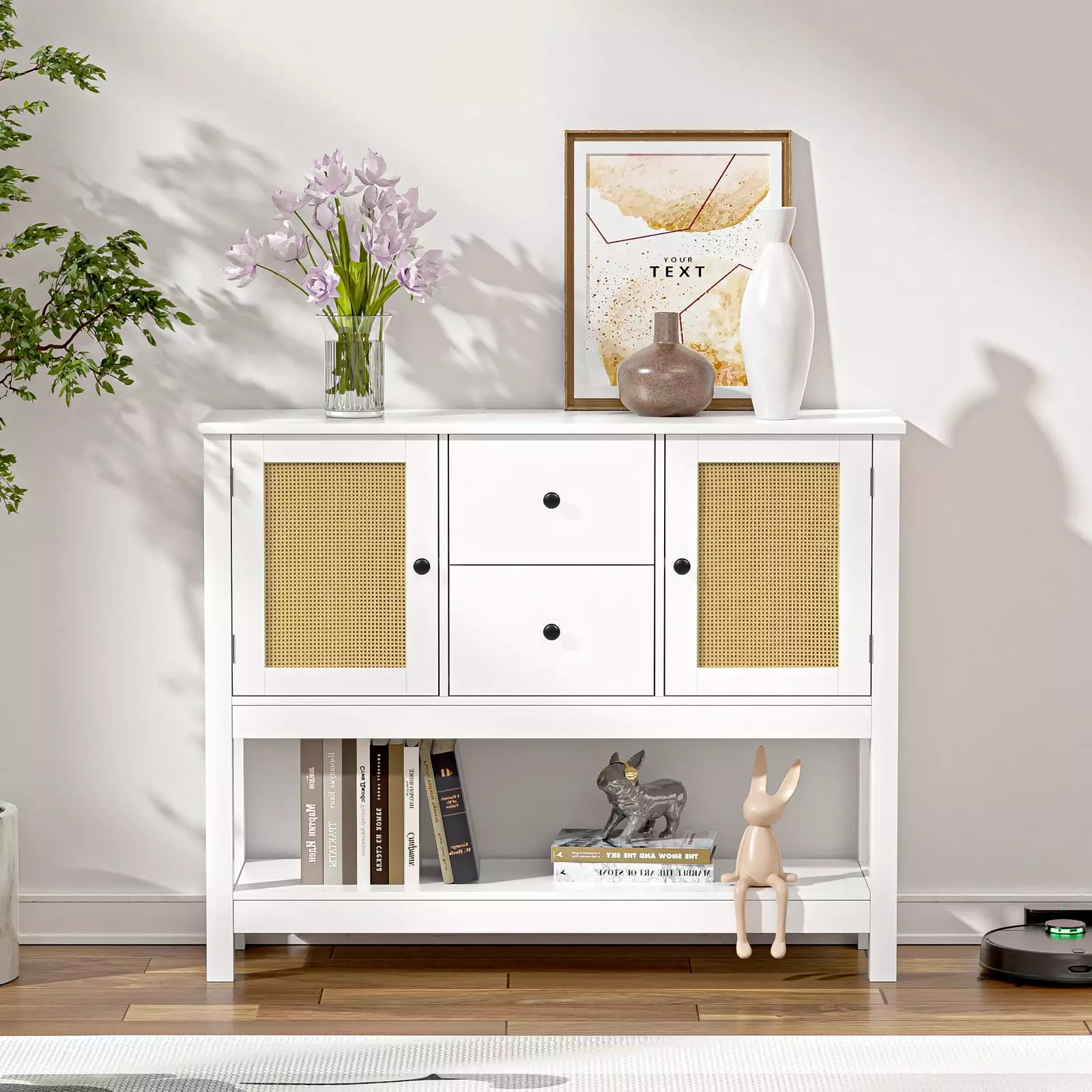 Eumyviv Console Table Storage 2 Drawers and Rattan Doors White Entryway Sofa Table Console