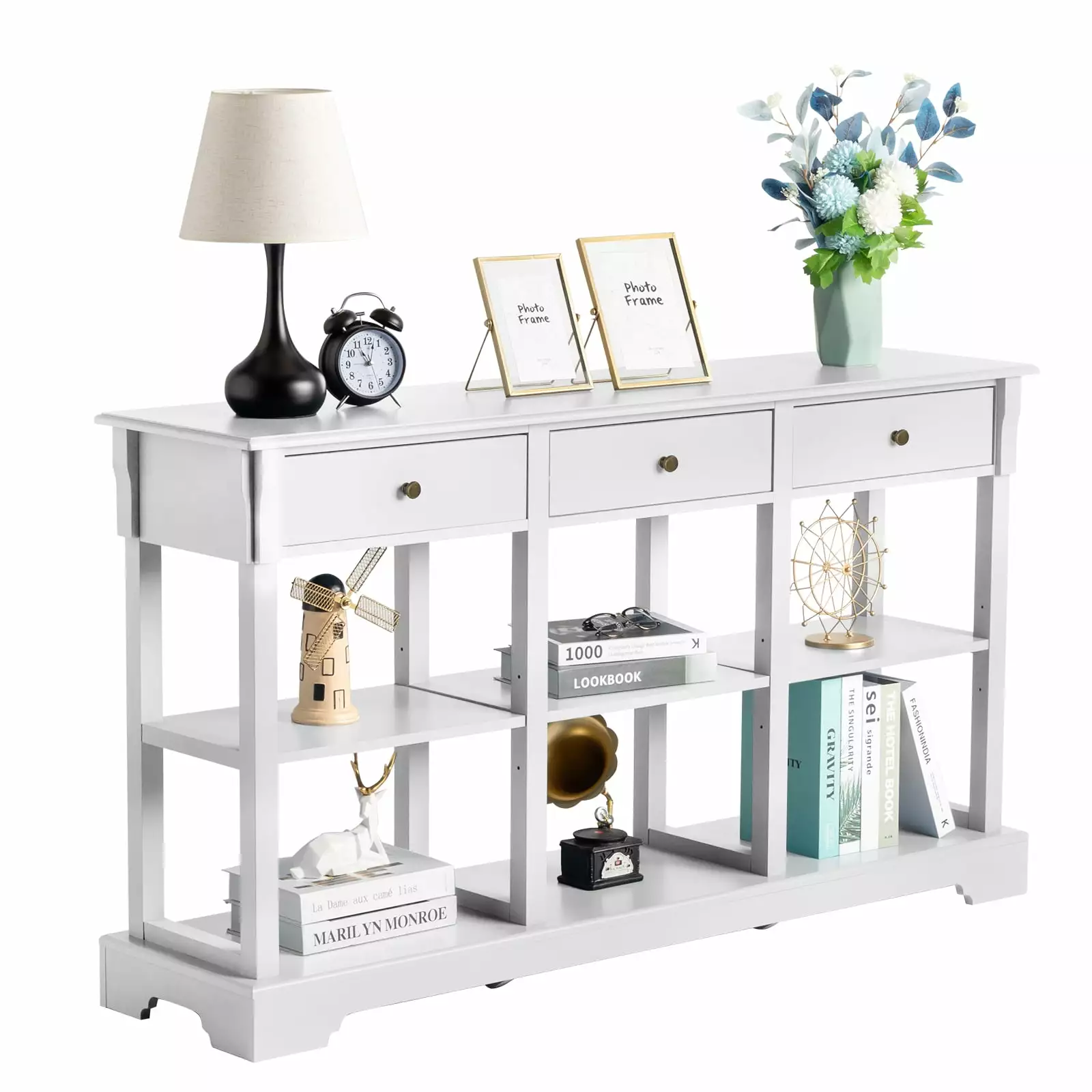 UBesGoo Retro Console Sofa Table 6 Open Shelves and 3 Drawers - Vintage White Console FCH