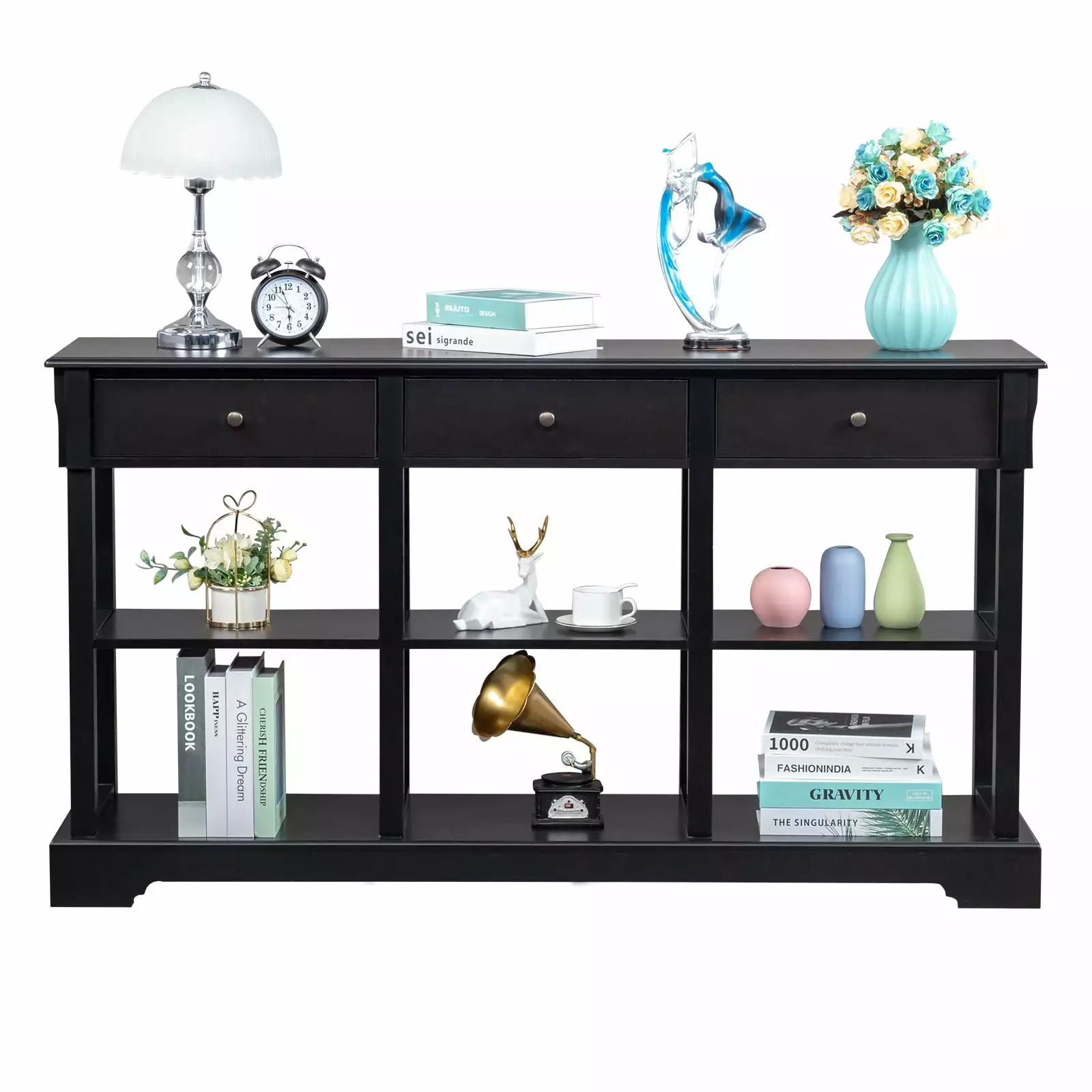 GoDecor 3-Drawer Wooden Console Table Storage Shelves Living Room Black Console