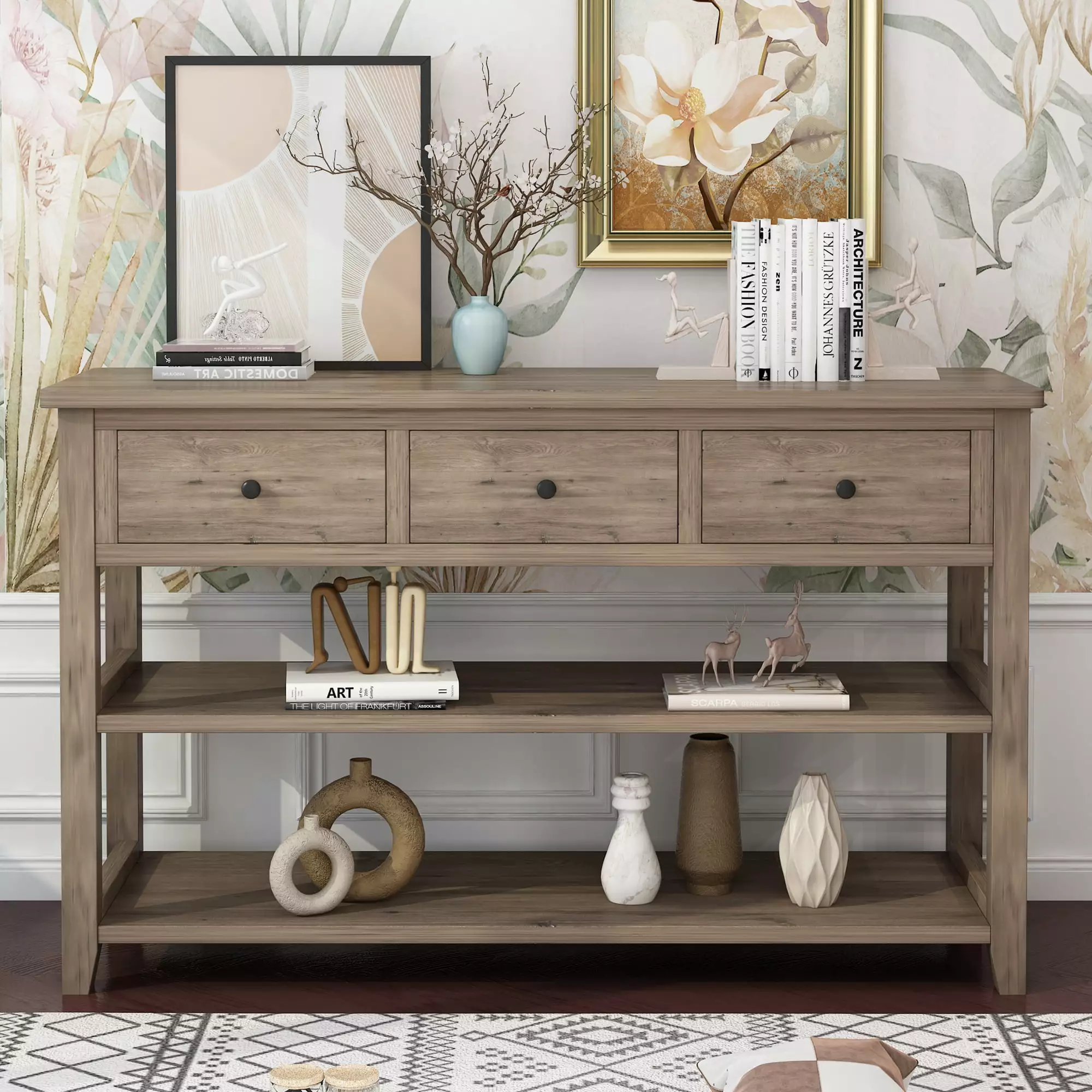 GoDecor Retro Gray Wooden Console Table 3 Drawers and 3 Shelves Living Room Hallway Console