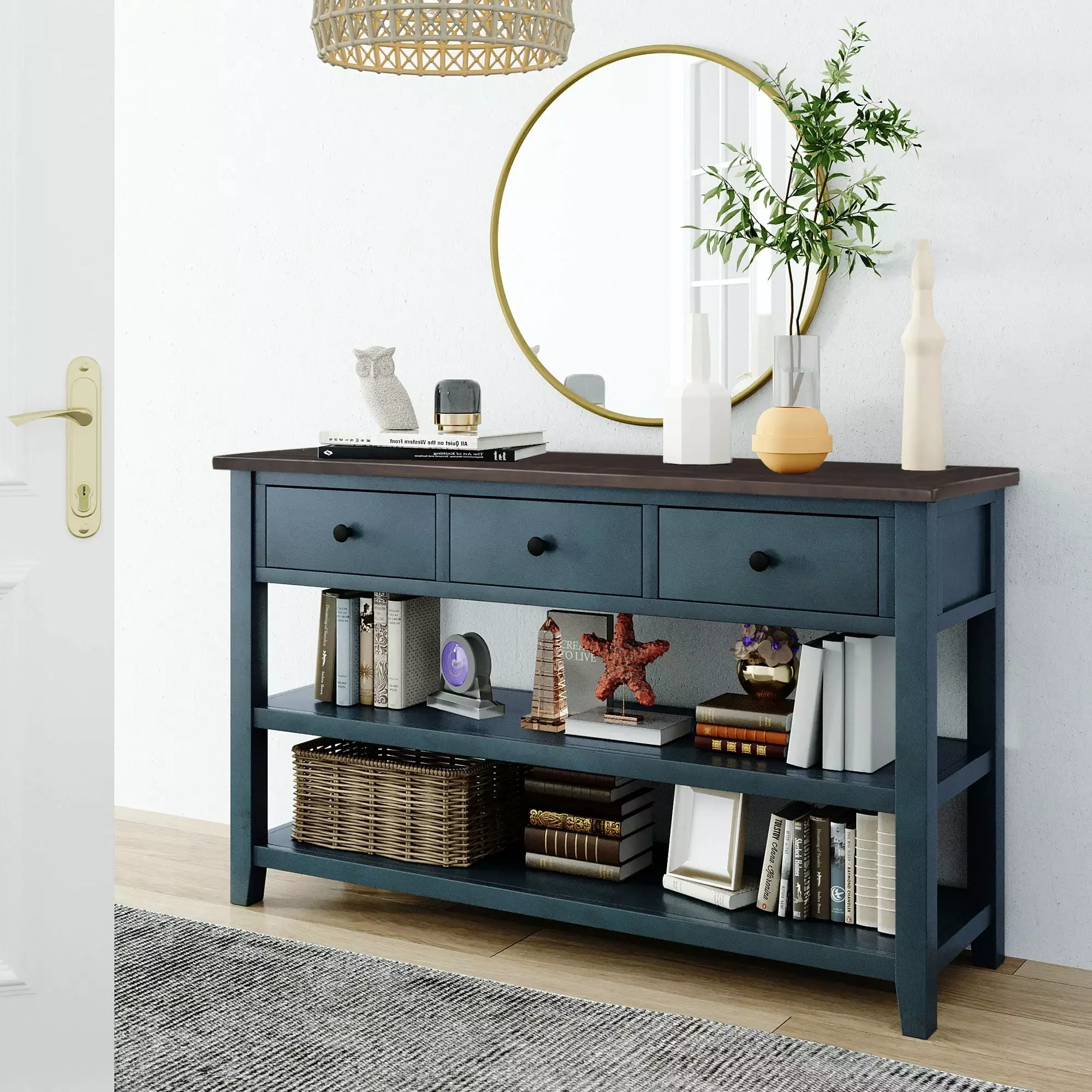 Wood Console Table 50 Retro Console Table 2 Open Shelves and 3 Drawers - Solid Wood Entryway Table Console HOMIQUEEN