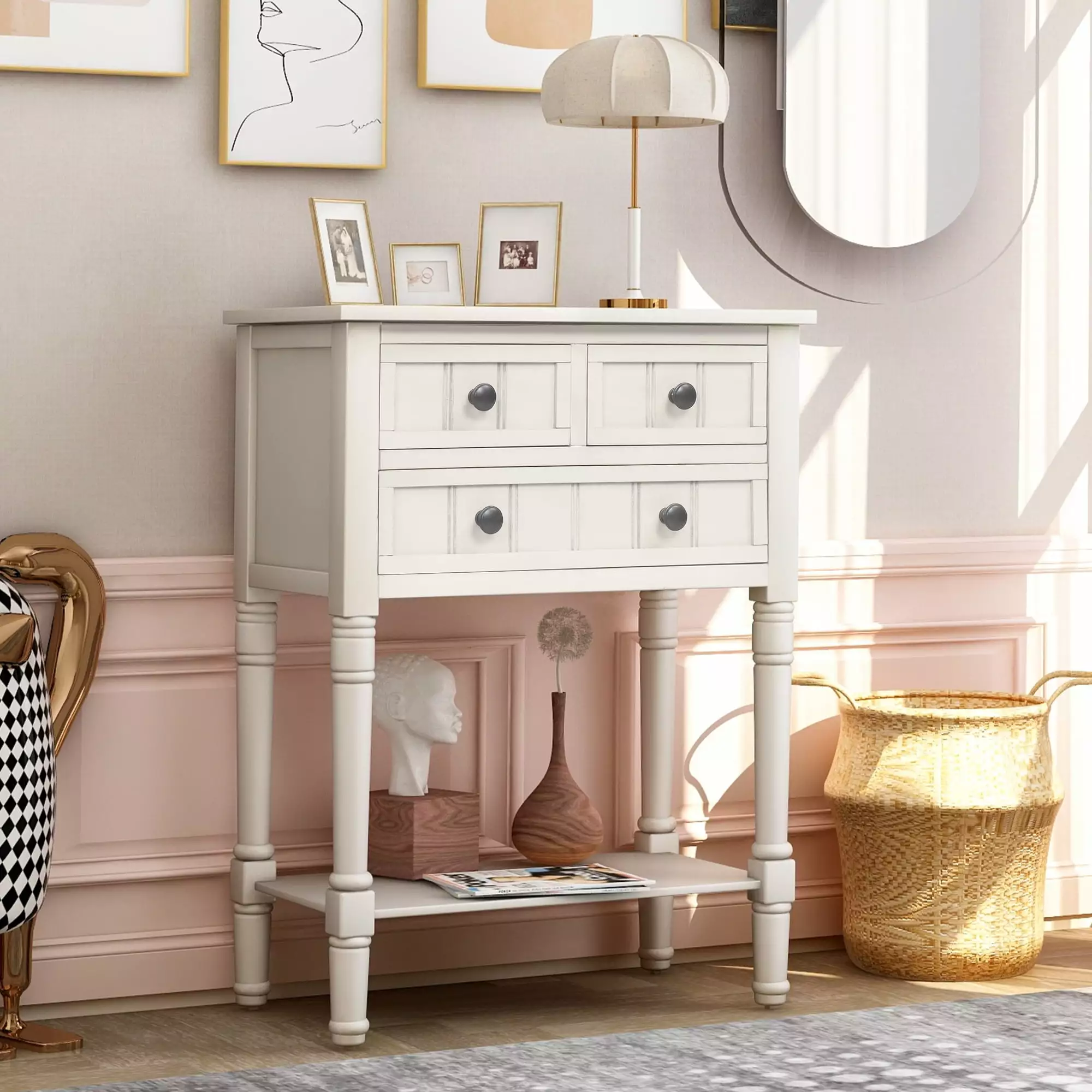 TREXM Narrow Console Table Slim Sofa Table Three Storage Drawers and Bottom Shelf Ivory White Console IM Lashes
