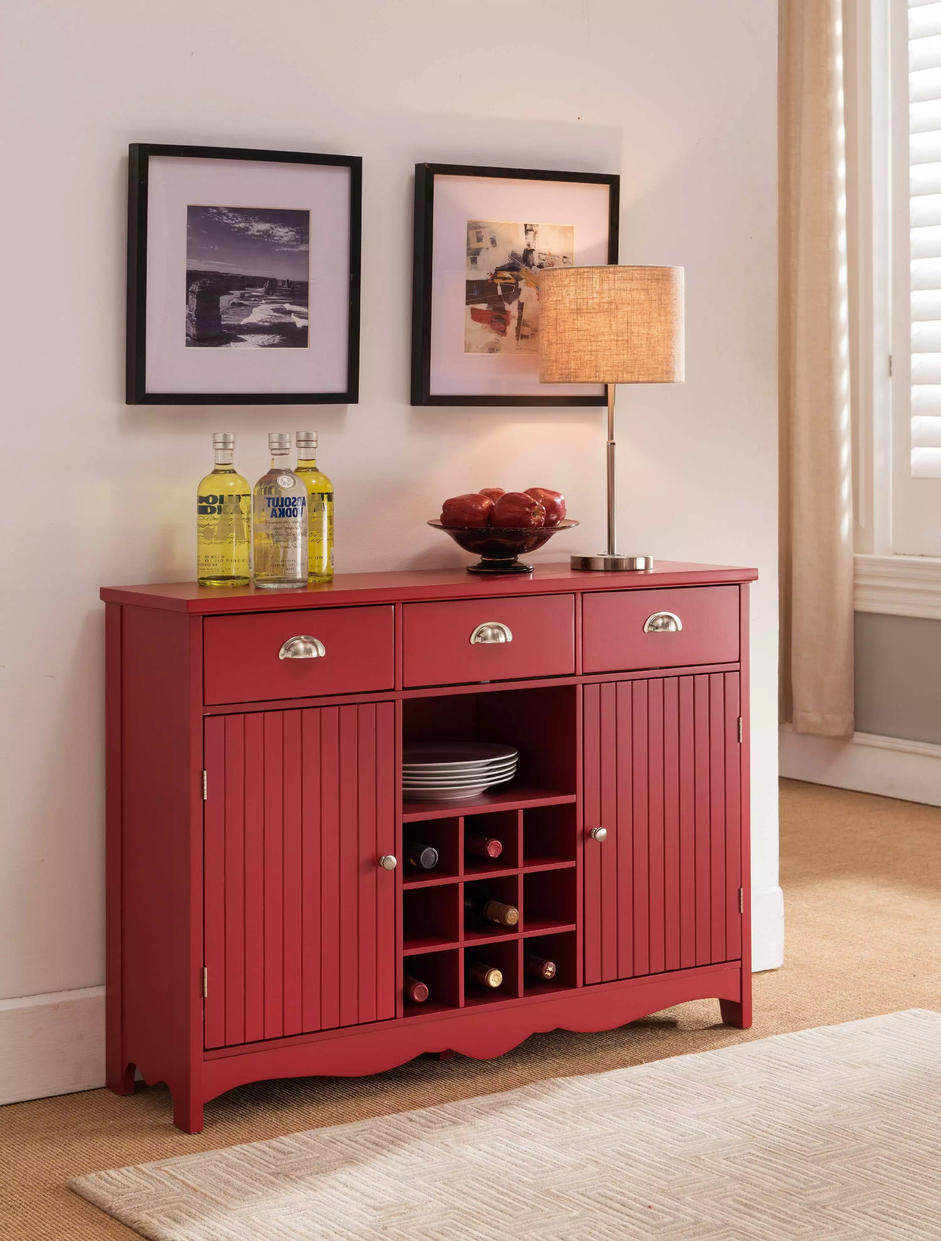 Oscar Red Wood Contemporary Wine Rack Sideboard Buffet Display Console Table Storage Drawers Cabinet Doors Shelf Console P...
