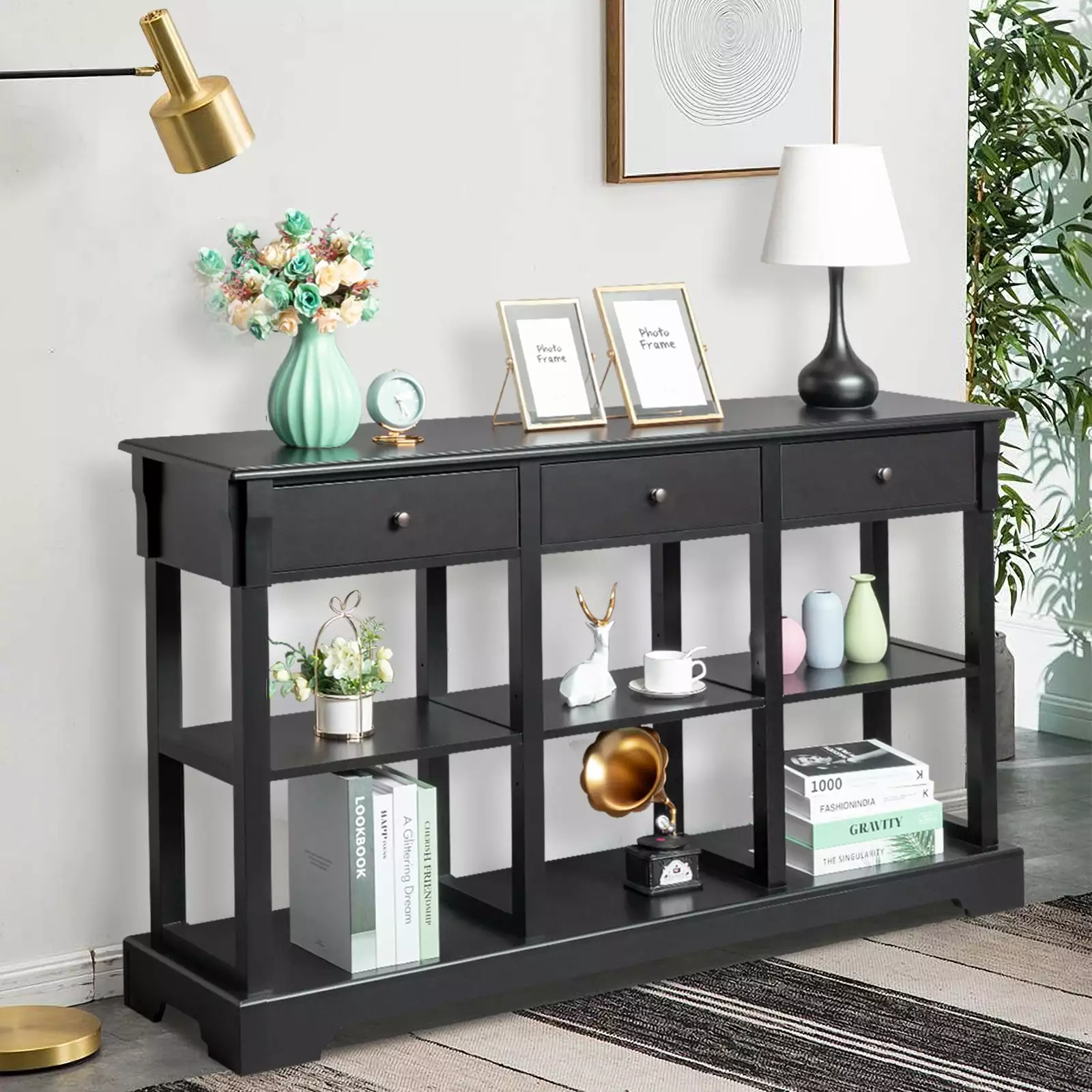 SalonMore Console Table 3 Drawers and 3 Storage Shelves Black - Modern Entryway Table Console