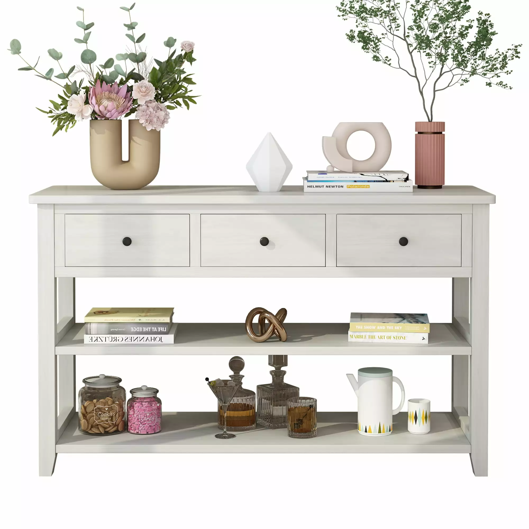 Tcbosik Console Table Wood Frame and 3 Drawers - White Sofa Table Living Room Console
