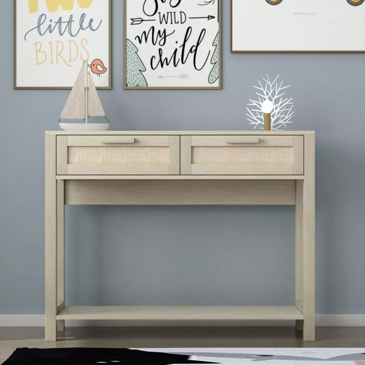 39.4 Inch Wood Console Table 2 Rattan Drawers and Bottom Shelf Entryway Console THOWDEE