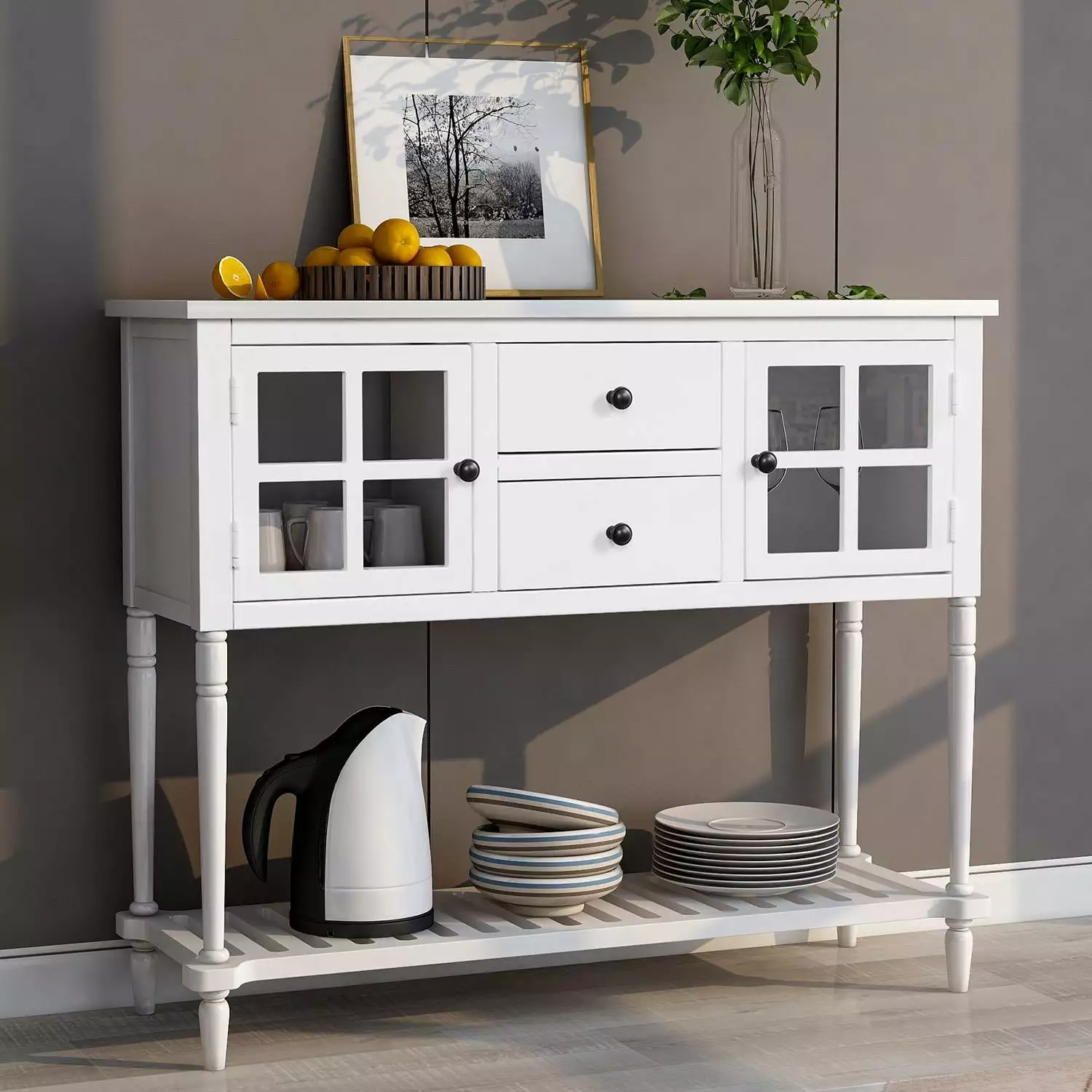 UBesGoo Sideboard Console Table Bottom Shelf - Farmhouse Wood/Glass Buffet Storage Cabinet Living Room White Console