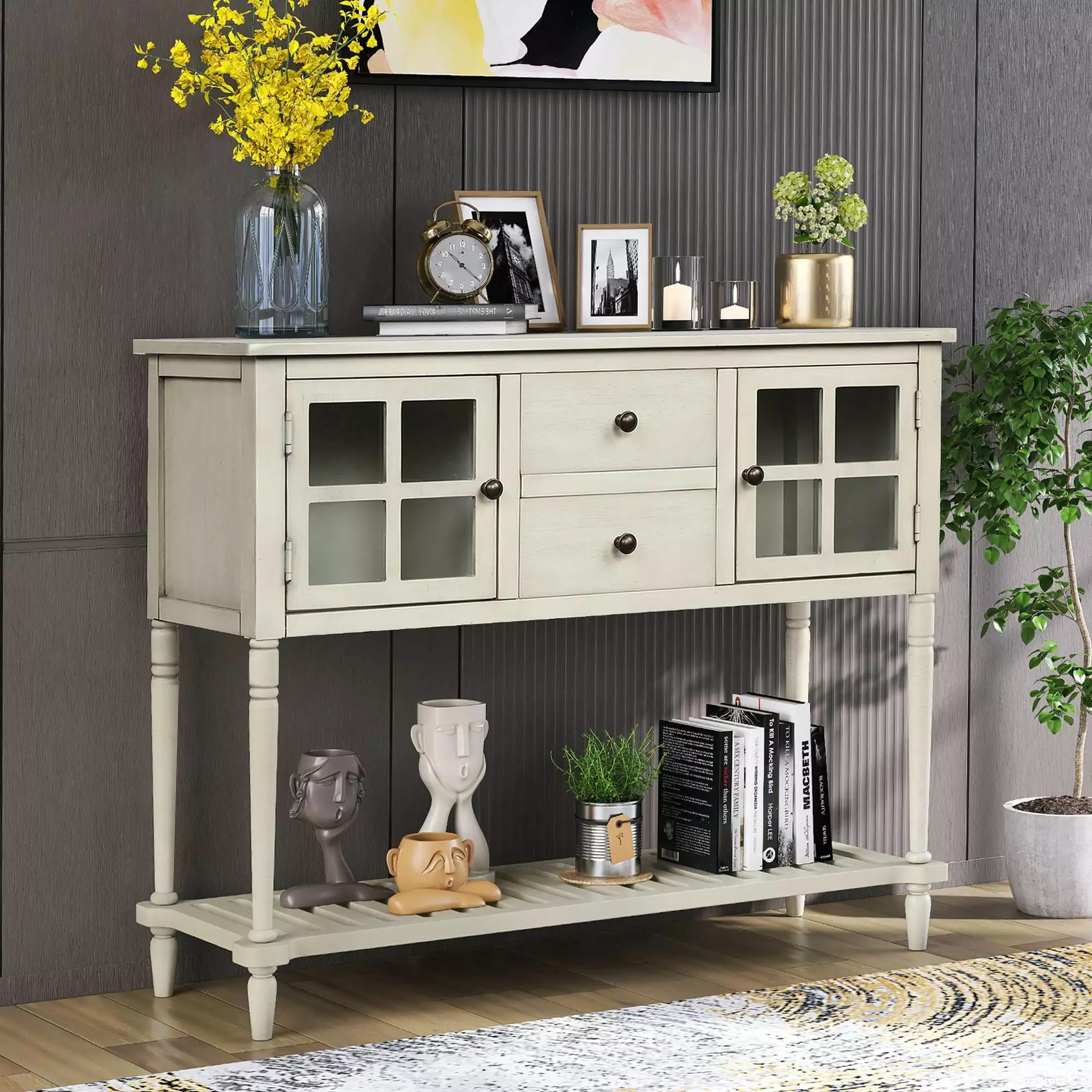 UBesGoo Sideboard Console Table Bottom Shelf - Farmhouse Wood/Glass Buffet Storage Cabinet Living Room Antique Grey Console