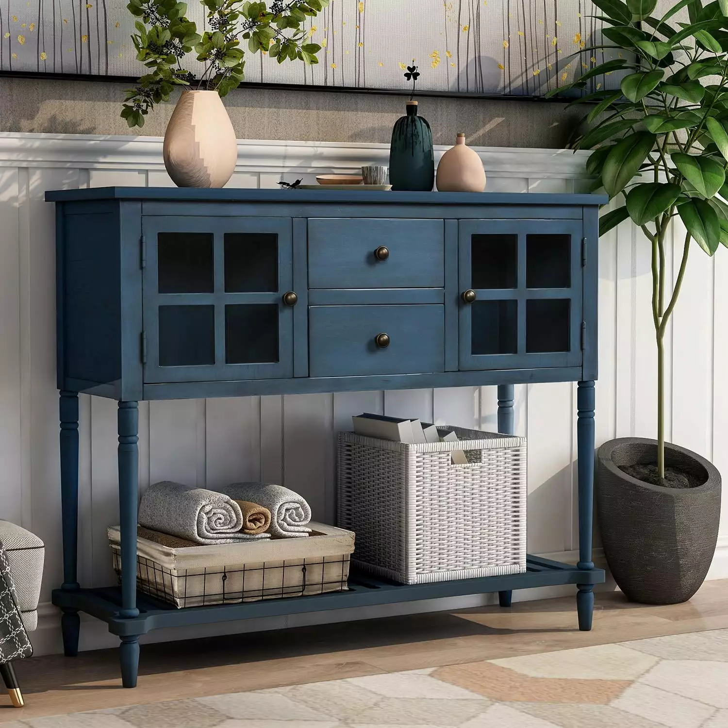 UBesGoo Sideboard Console Table Bottom Shelf - Farmhouse Wood/Glass Buffet Storage Cabinet Living Room Antique Navy Console