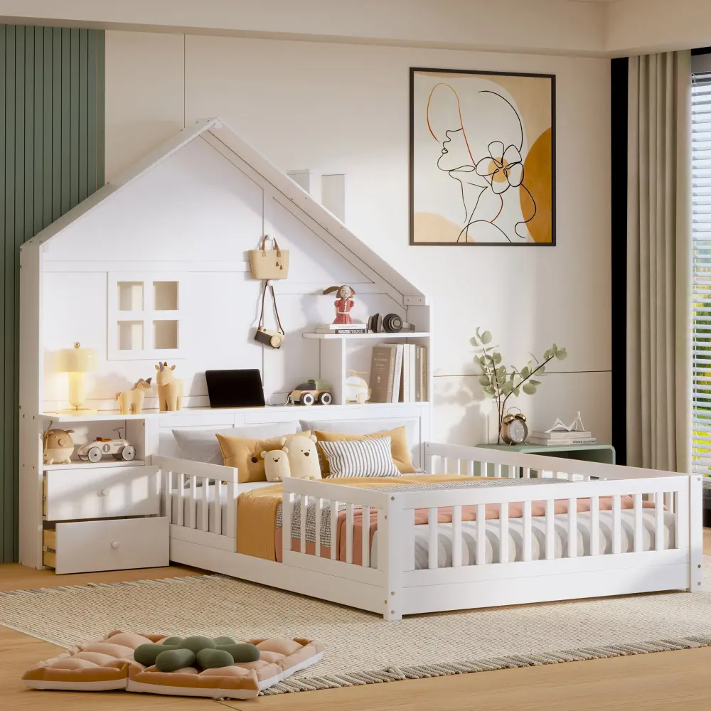 Adjustable Closet Full Size House Bed Window And Bedside Drawers, Platform Bed Shelves And Set Sockets And USB Port - Alab...