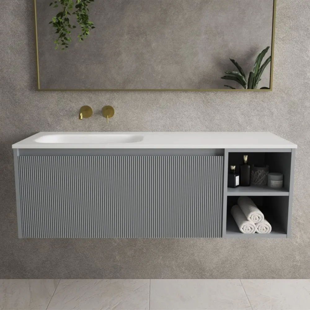 Scanalato Individual Drawer Vanity Unit Open Storage Space And Left Hand Beyondstone Basin - Dove Grey 1200mm