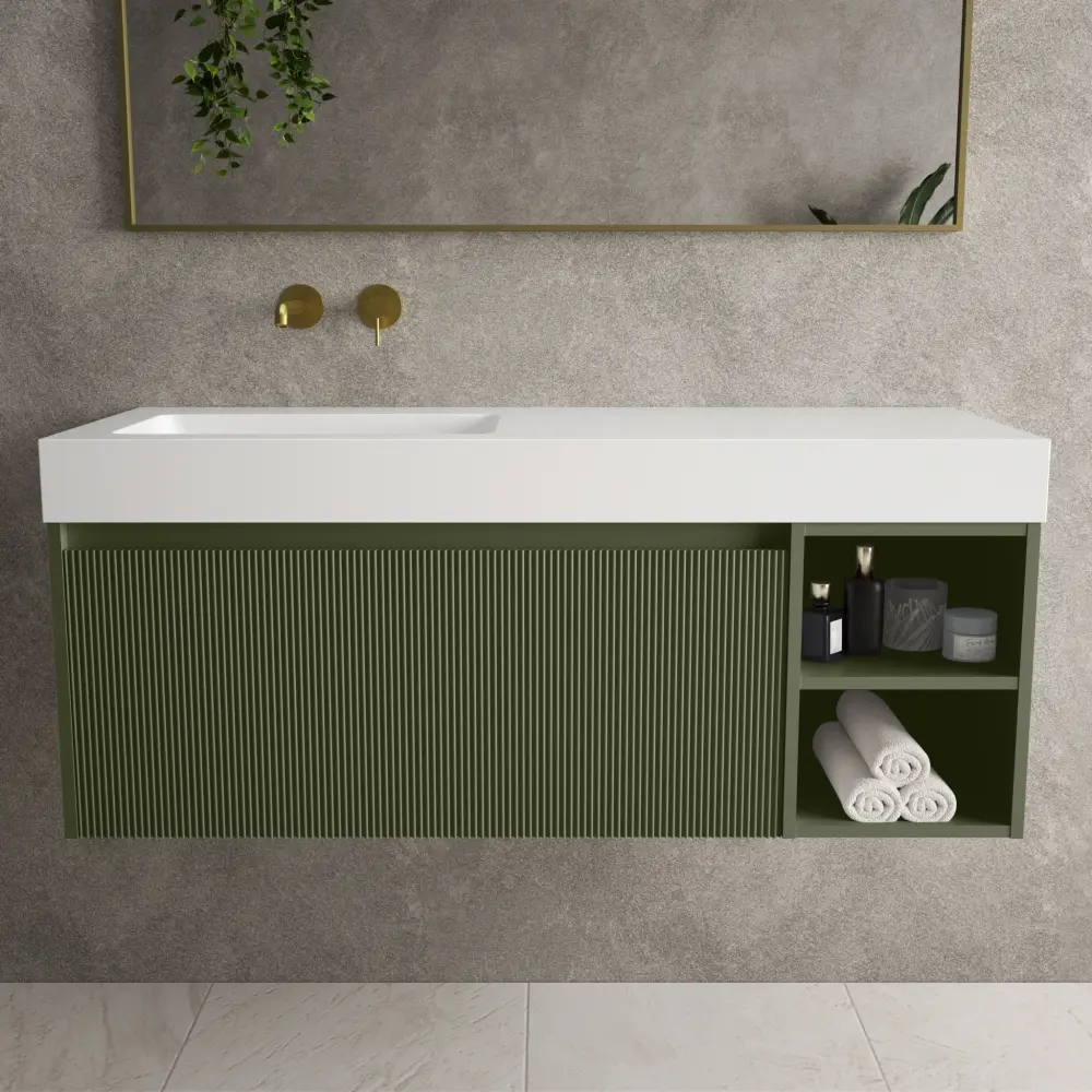 Scanalato One-only Drawer Vanity Unit Open Storage Space And Beyondstone BLOC Basin - Seaweed 1200mm