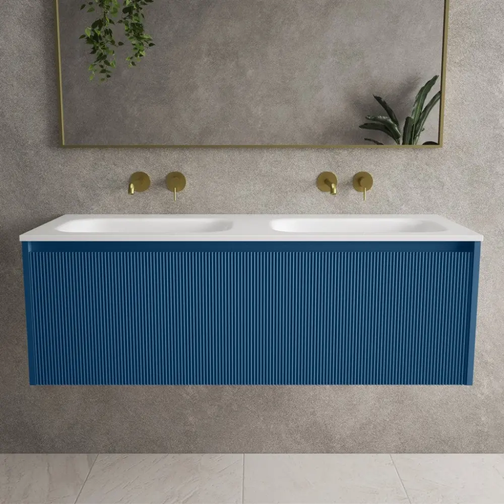 Scanalato Single Drawer Vanity Unit Beyondstone Dual Basin - Ocean Blue 1200mm
