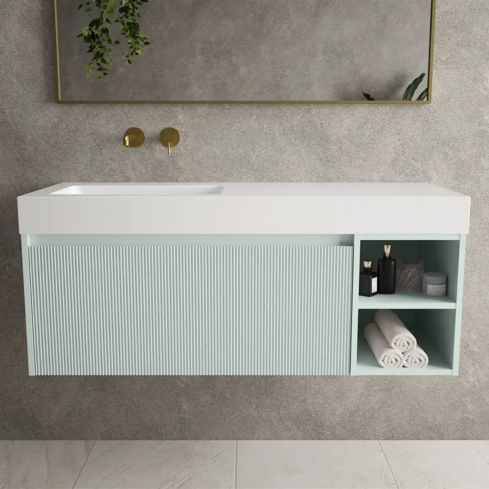 Scanalato Unitary Drawer Vanity Unit Open Storage Space And Beyondstone BLOC Basin - Peppermint 1200mm