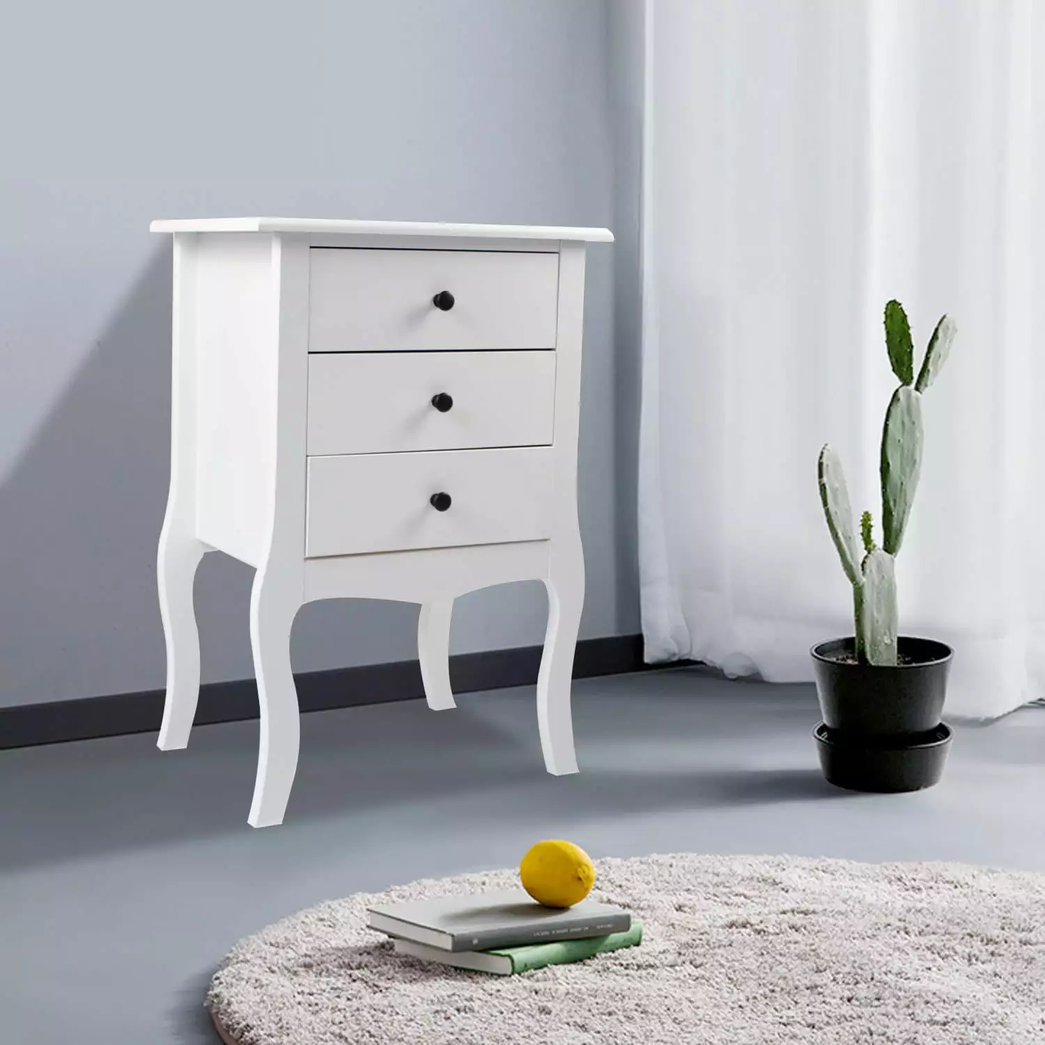 SamyoHome Night Stand Bedside Cabinet 3 Large Storage Drawers and Solid Wood Curved Legs FCH