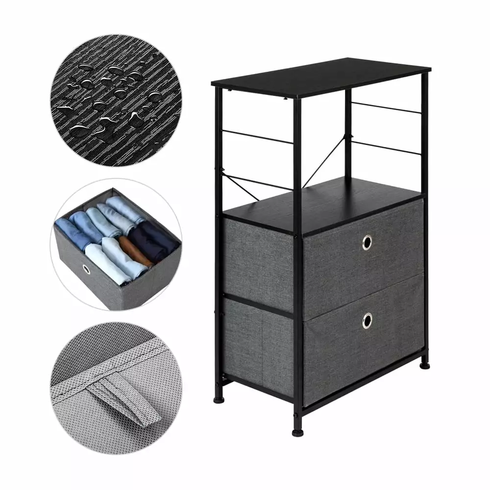 Kepooman 2-Drawer Nightstand Shelf Storage 3 Layer Bedside Furniture Home Bedroom Office