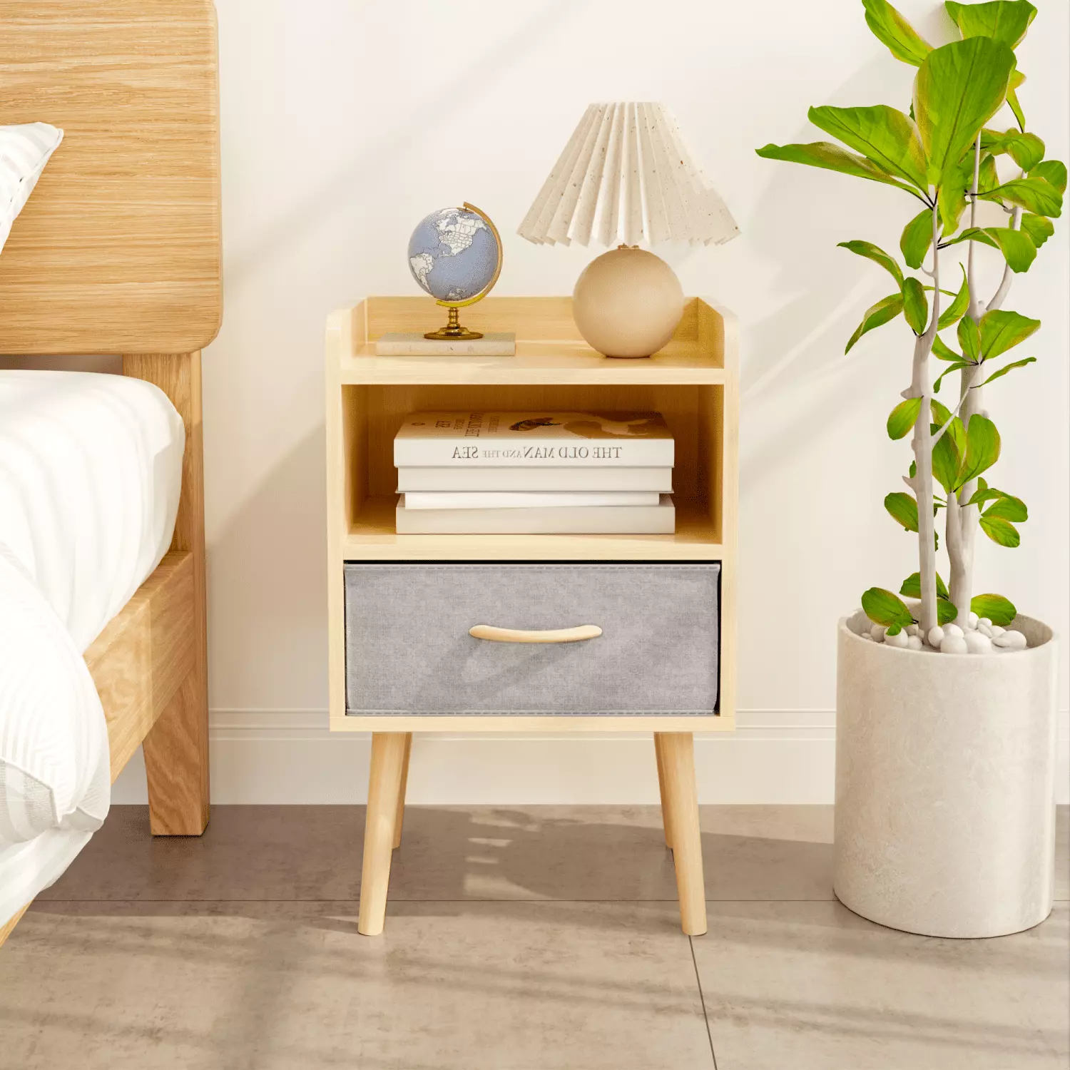 Miekor Furniture Nightstand Collapsible Fabric Drawer 2-Tier Storage End Table Oak